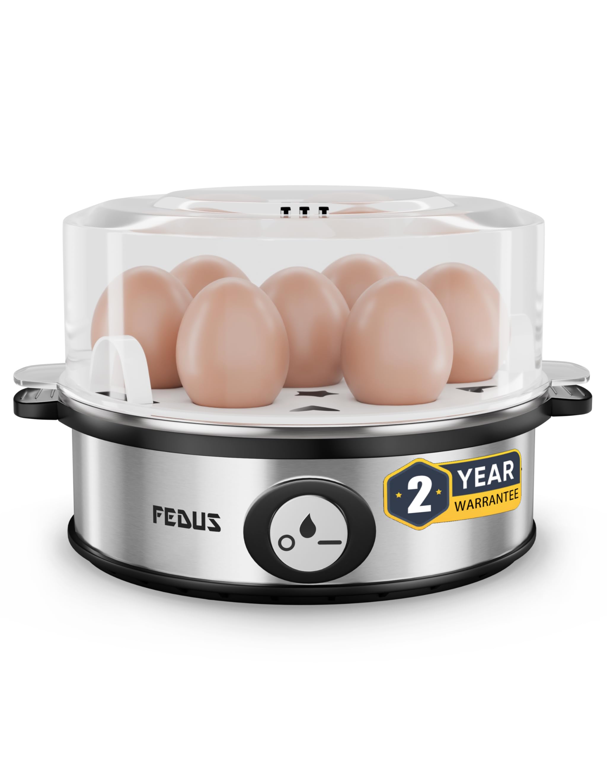 fedus eggline automatic egg boiler maker electric multi-function 7 eggs capacity cooker steamer machine for hard, medium, soft eggs, stainless steel heating plate, auto shut-off, fast boiling boils