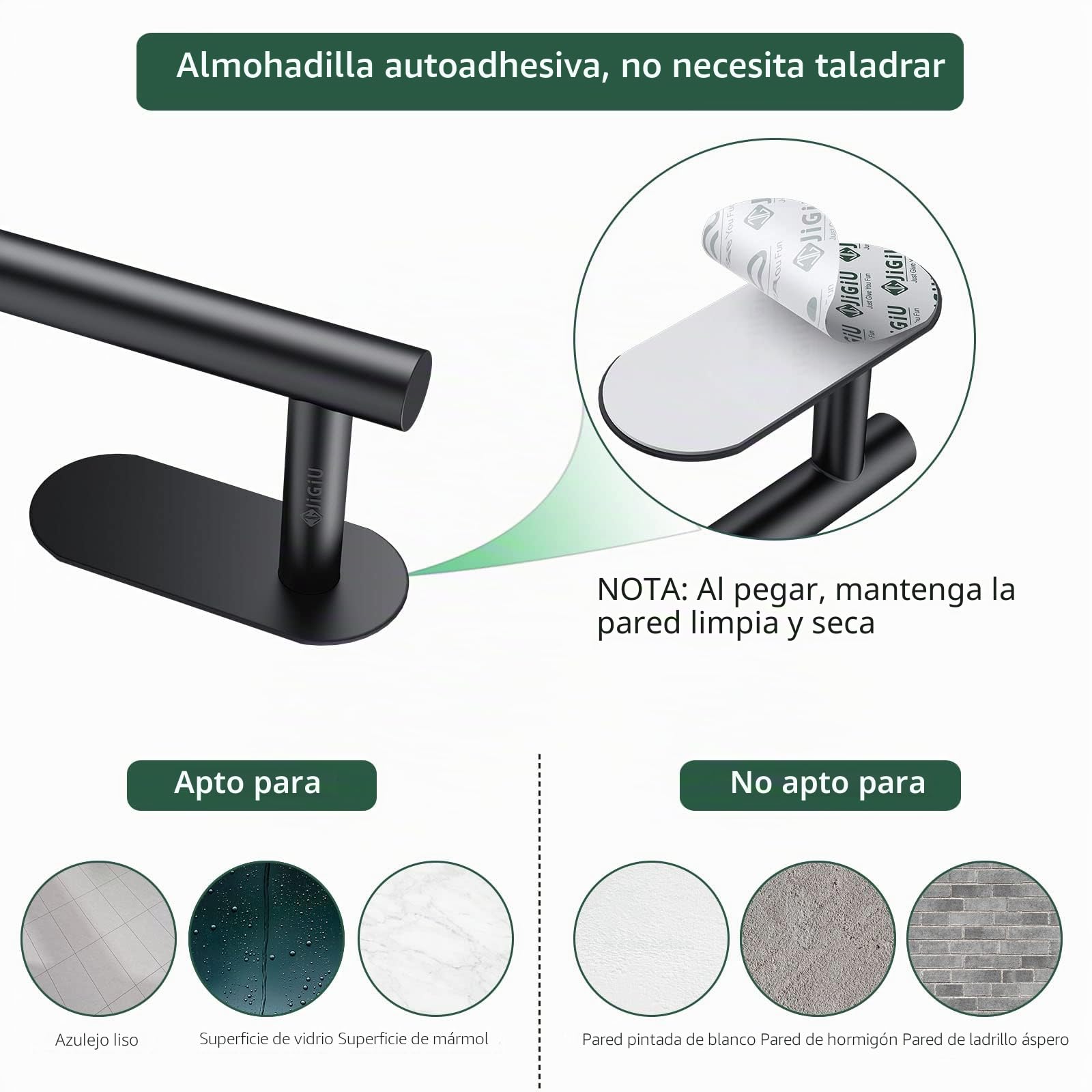 JiGiU Toalleros Adhesivos 40cm, 5 Piezas Juegos de Accesorios de Baño, Toalleros Baño Extensible Sin Taladro Acero Inoxidable 304 para Baño Color Negro