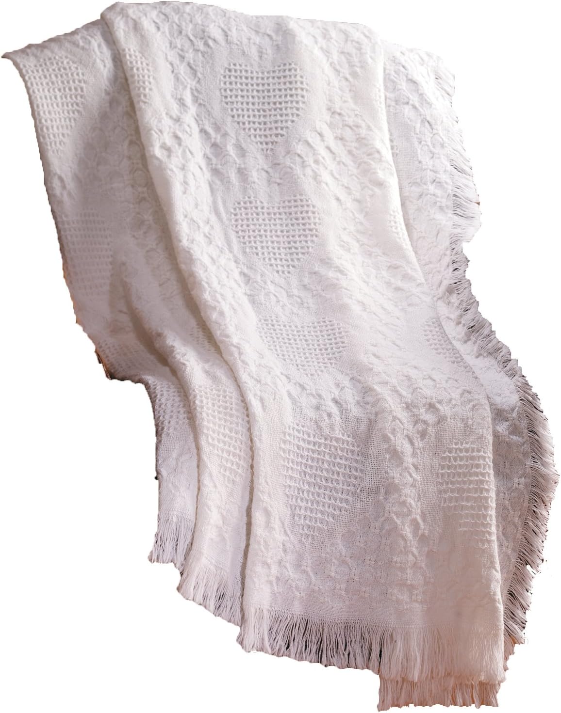 Manual 46 X 60-Inch Basketweave Heart 2-Layer Cotton Throw Blanket, White