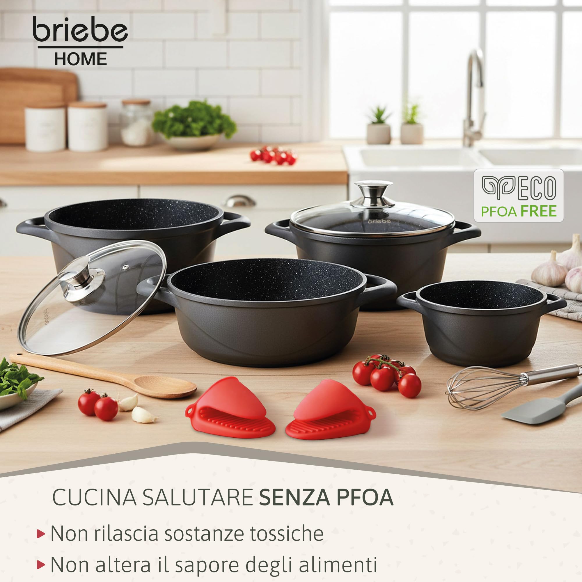 briebe Set Pentole Induzione Batteria 8 Pezzi, 4 Casseruola, Alluminio Pressofuso, Antiaderente ILAG GRANITEC senza PFOA, Coperchi in Vetro, Guanti in Silicone, Vetroceramica, Gas, Forno, MGK-17