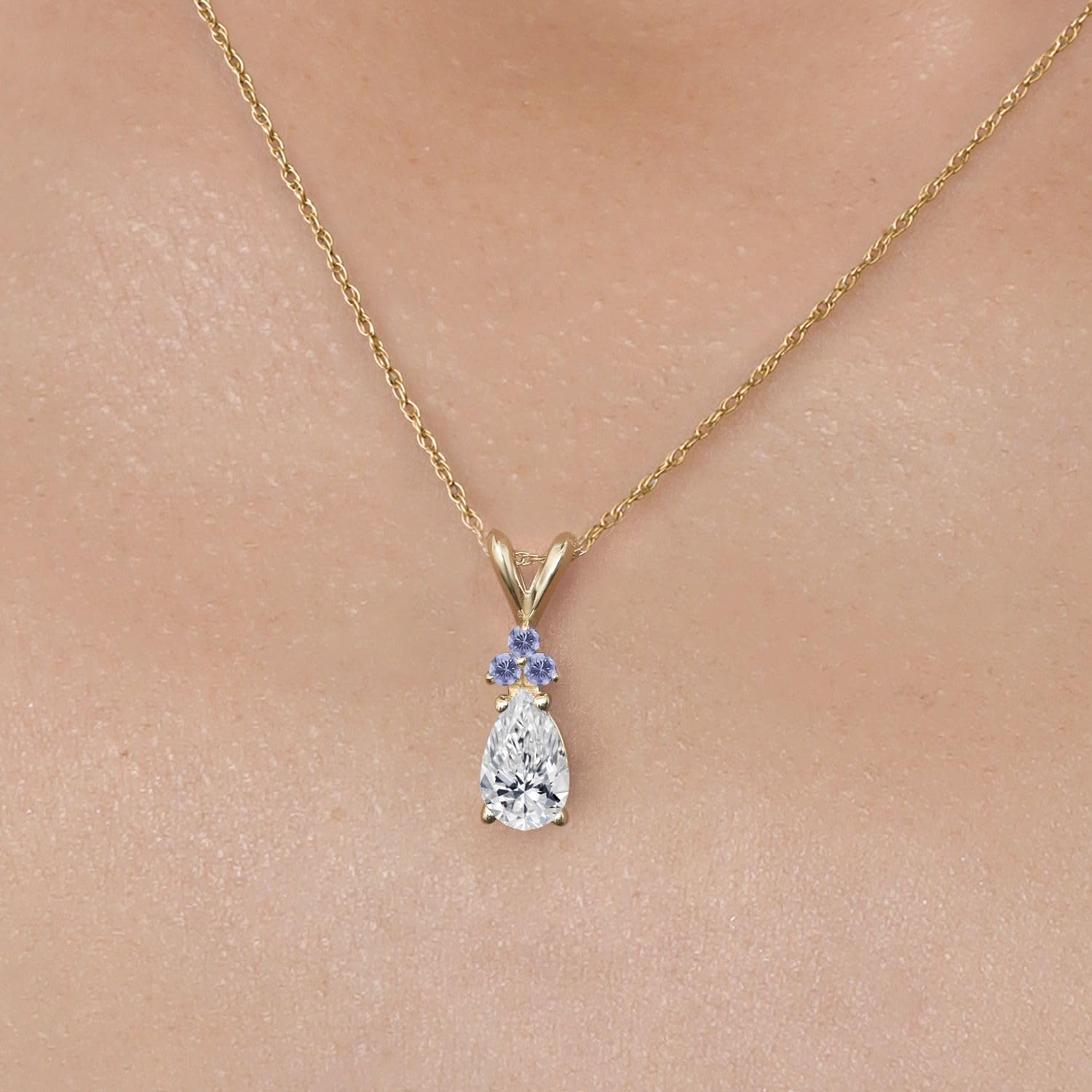 Gem Stone King 14K Yellow Gold DEF Lab Grown Diamond and Blue Iolite Pendant Necklace for Women | 0.79 Cttw | Gemstone April Birthstone | Pear Shape 8X5MM | With 18 Inch Chain - Image 3