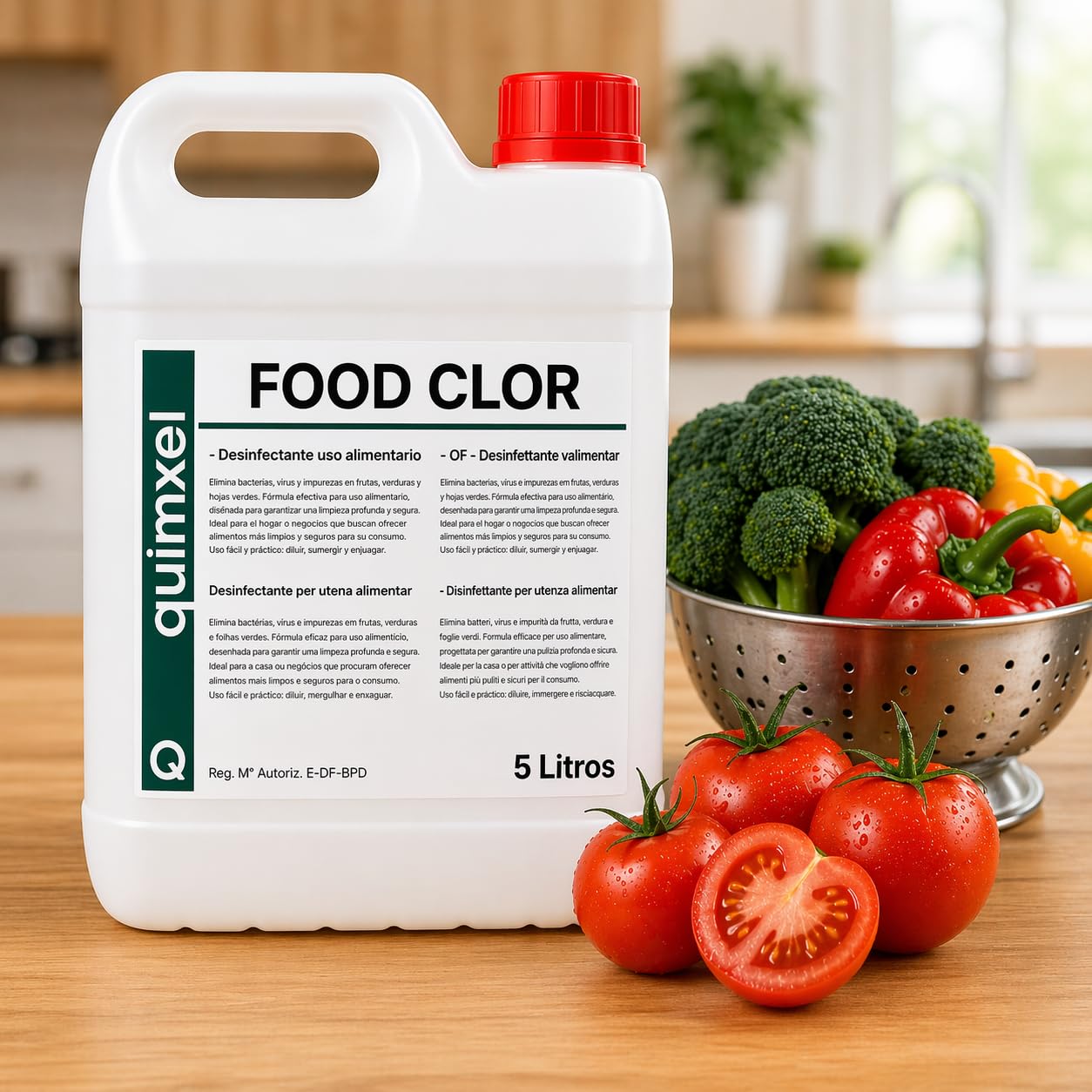 Desinfectante de frutas y verduras - Elimina eficazmente las bacterias - 5L - Apto para uso en industria alimentaria - Coadyuvante alimentario - Cumple con Normativa EN 901 (1)