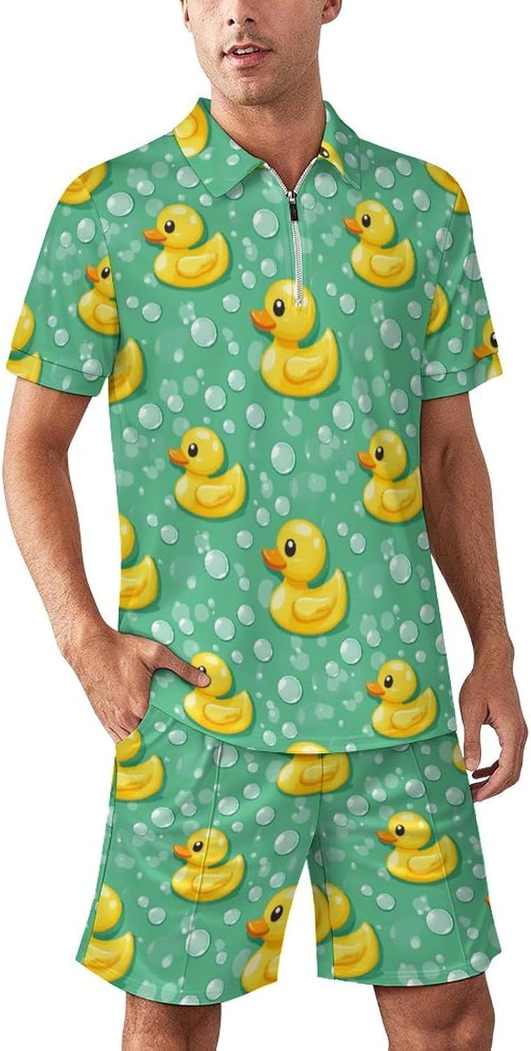 Ducks Mens Polo Shirts Track Suits 2 Piece Short Sleeve Sweatsuit 1/4 Zip Golf Loungewear for Sports