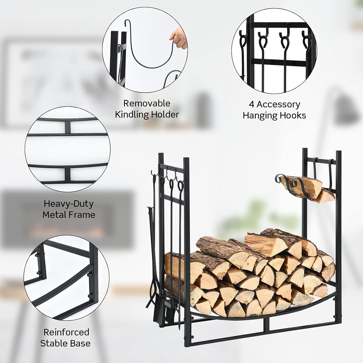 Goplus Firewood Rack Indoor, 30” Firewood Holder with 4- Piece Fireplace Tools-Shovel, Poker, Tongs, Brush, Kindling Holders, Heavy Duty Indoor Log Storage Rack, Outdoor Wood Rack for Fire Pit, Stove