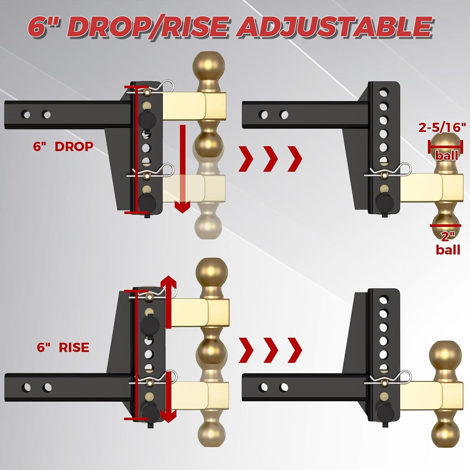 Adjustable Trailer Hitch, 2 Inch Receiver Hitch, 6 Inch Drop Hitch Ball Mount, 20,000 LBS GTW, 2" & 2-5/16" Ball Hitch, Tow Hitch for Heavy Duty Truck with Double Lock Pin (for 2 Inch Receiver)