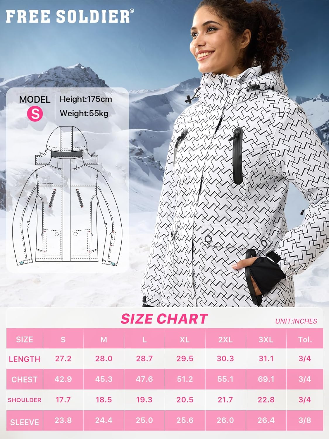 FREE SOLDIER Women's Waterproof Ski Snow Jacket Warm Fleece Lined Winter Rain Jacket with Hood Fully Taped Seams - Image 9
