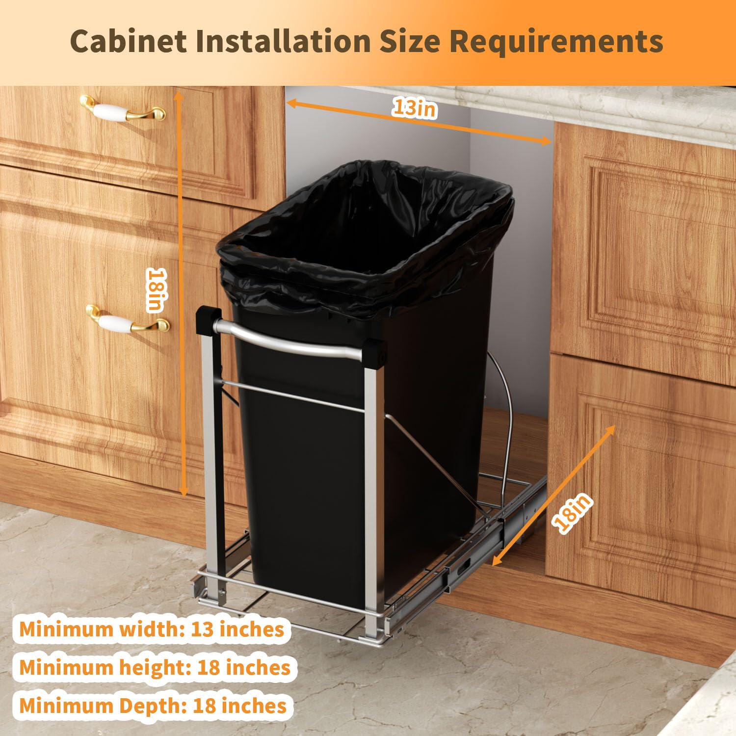 Adjustable Under Cabinet Trash Can Organizer with Soft Close Rail - Heavy Duty Silver Steel Under Sink Pull-Out Organizer, Fits 7-13 Gallon, Up to 125 lbs Capacity (Trash Can Not Included)