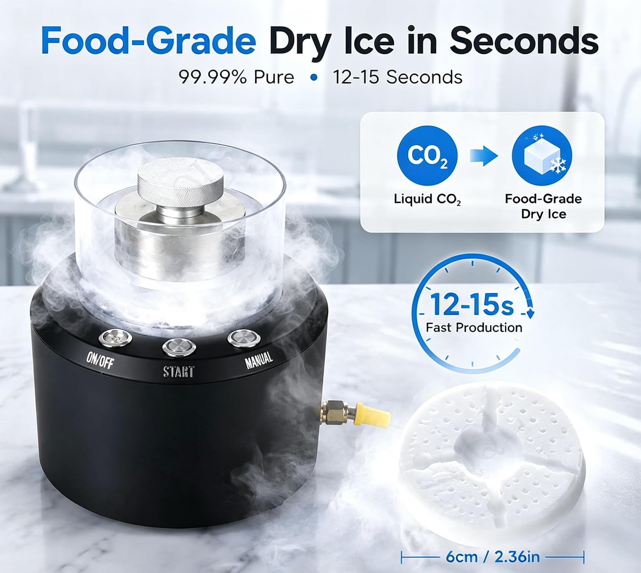 Máquina de hielo seco y enfriador de vasos de doble propósito para bares, restaurantes y discotecas. Producción de hielo en 12-15 segundos y enfriamiento de vasos en 8-12 segundos.