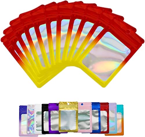 100 bolsas holográficas de Mylar resellables de color rojo y amarillo desteñido, bolsas para almacenamiento de alimentos, a prueba de olores, con
