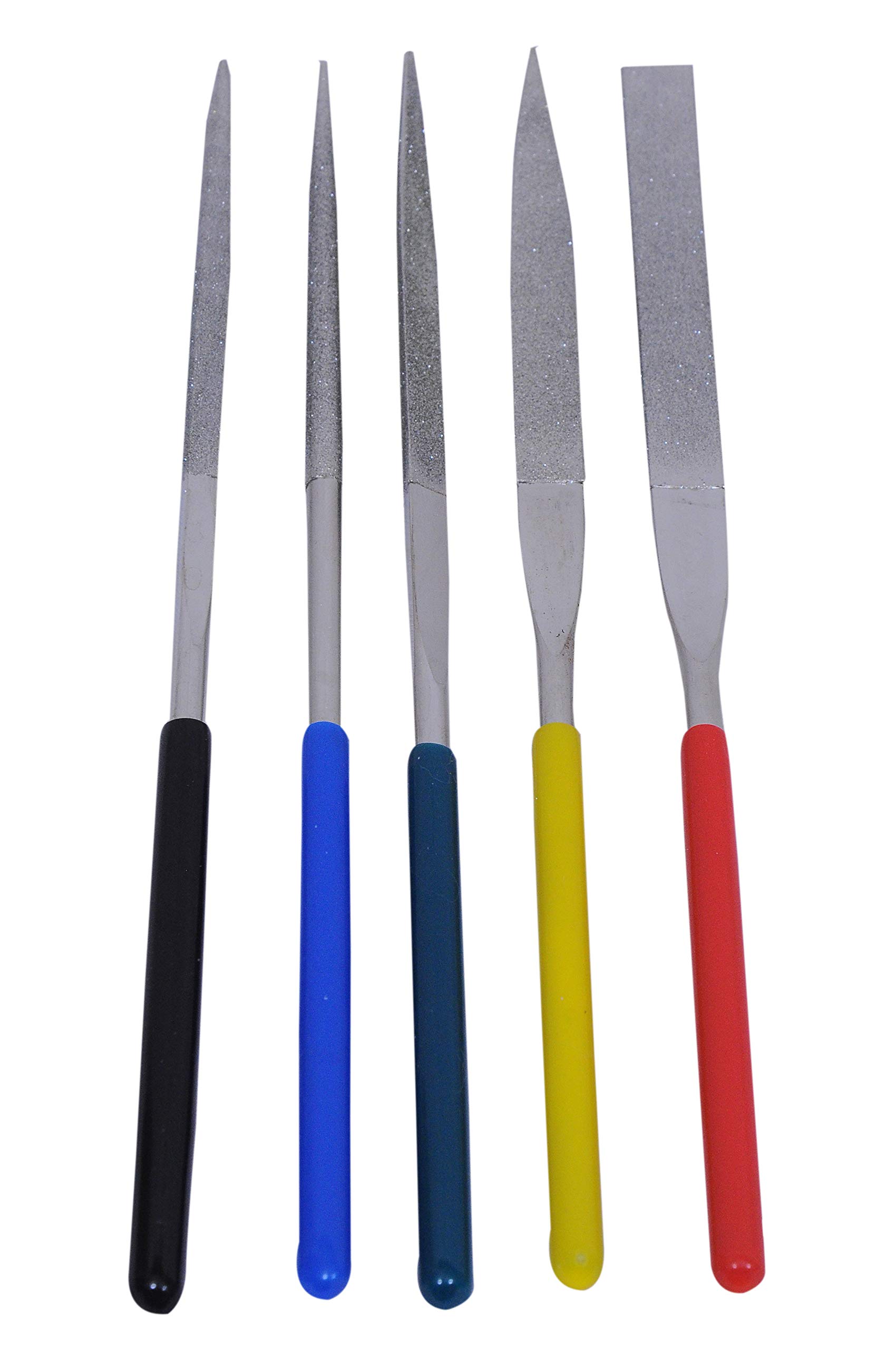 Jon Bhandari Tools 5pcs Diamond Coated Precision Needle File Set (5x180mm) | Flat, Round, Triangular, Half Round & Square Files for Metal, Glass, Ceramic, Jewellery & Craft Work