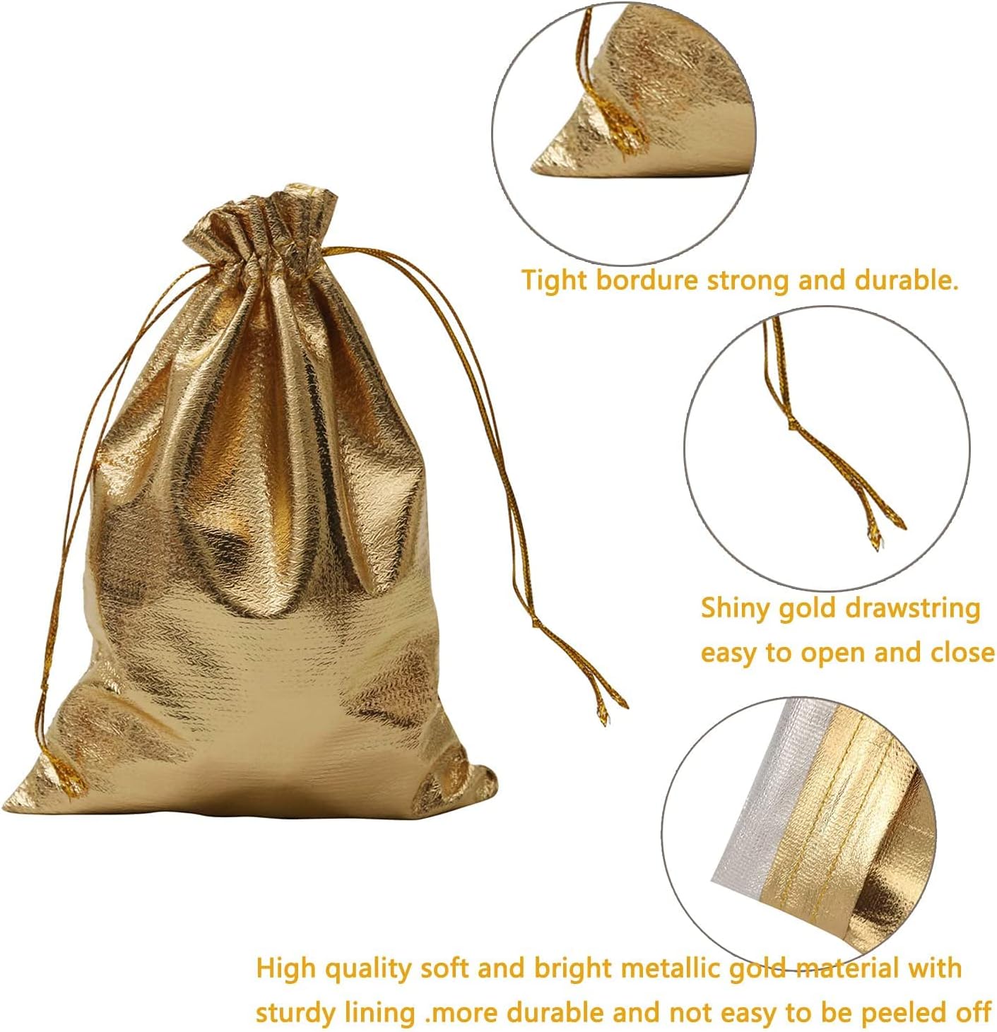 Pack of 100 5"x 7" Heavy Duty Gold Drawstring Bags With Tags, Organza Jewelry Pouches Wedding Party Christmas Favor Gift Candy Chocolate Bag (5"x7", Big Gold New) - Image 4