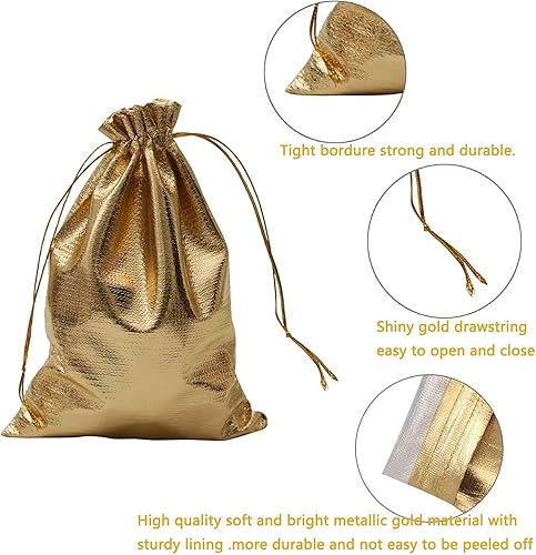 Miniatura 8 de Paquete de 100 bolsas de organza doradas resistentes de 5 x 7 pulgadas con cordón para joyería, boda, fiesta, Navidad, regalo, caramelos,