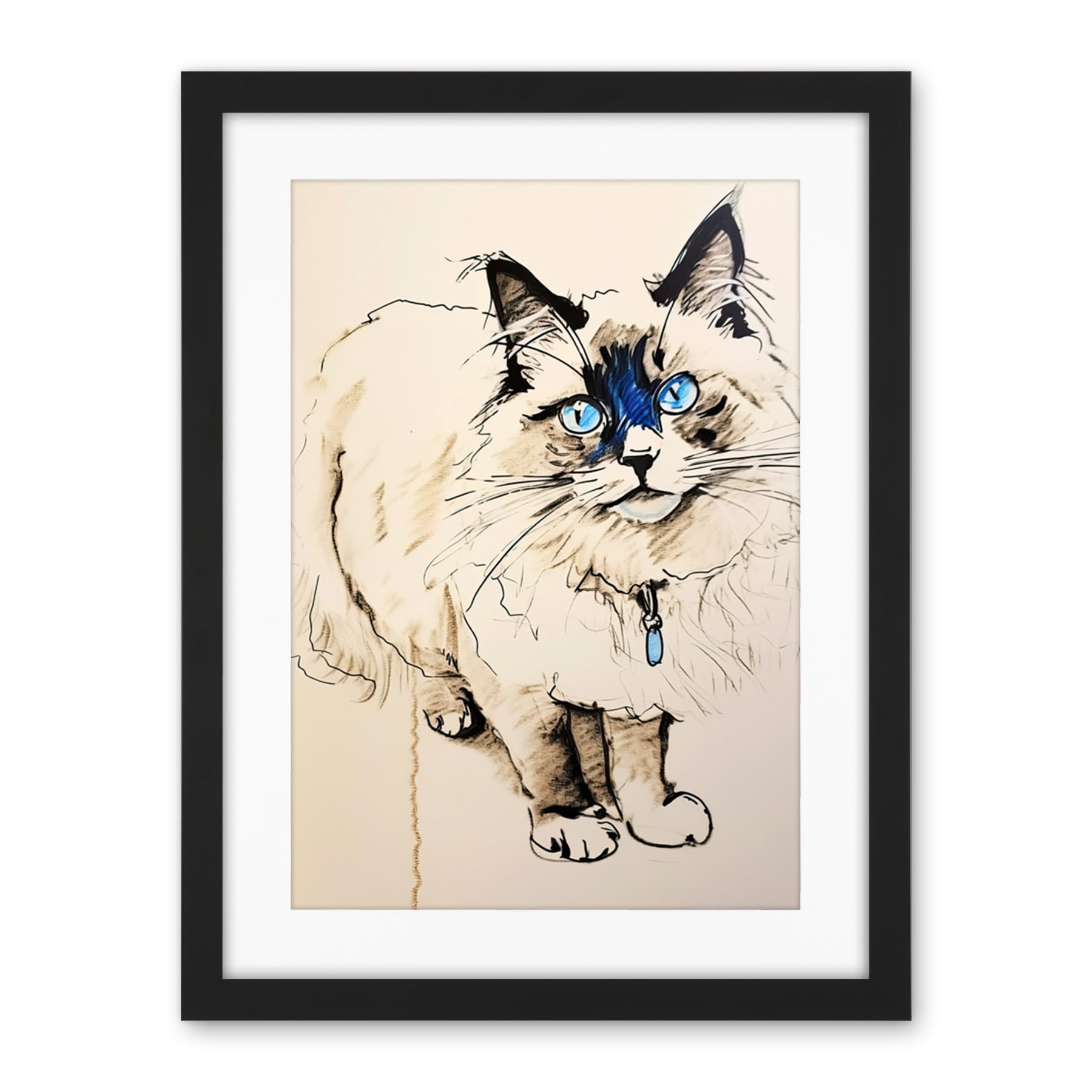 Artery8 Blue Point Ragdoll Cat Sketch Drawing Portrait Artwork Framed Wall Art Print 18X24 Inch