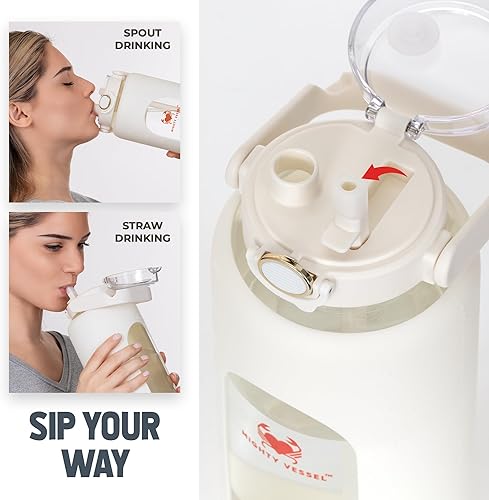 Miniatura 5 de Botella de agua de vidrio de 64 onzas  Botella de agua blanca con popote y marcador de tiempo  Botella de agua de medio galón con medidas y funda de