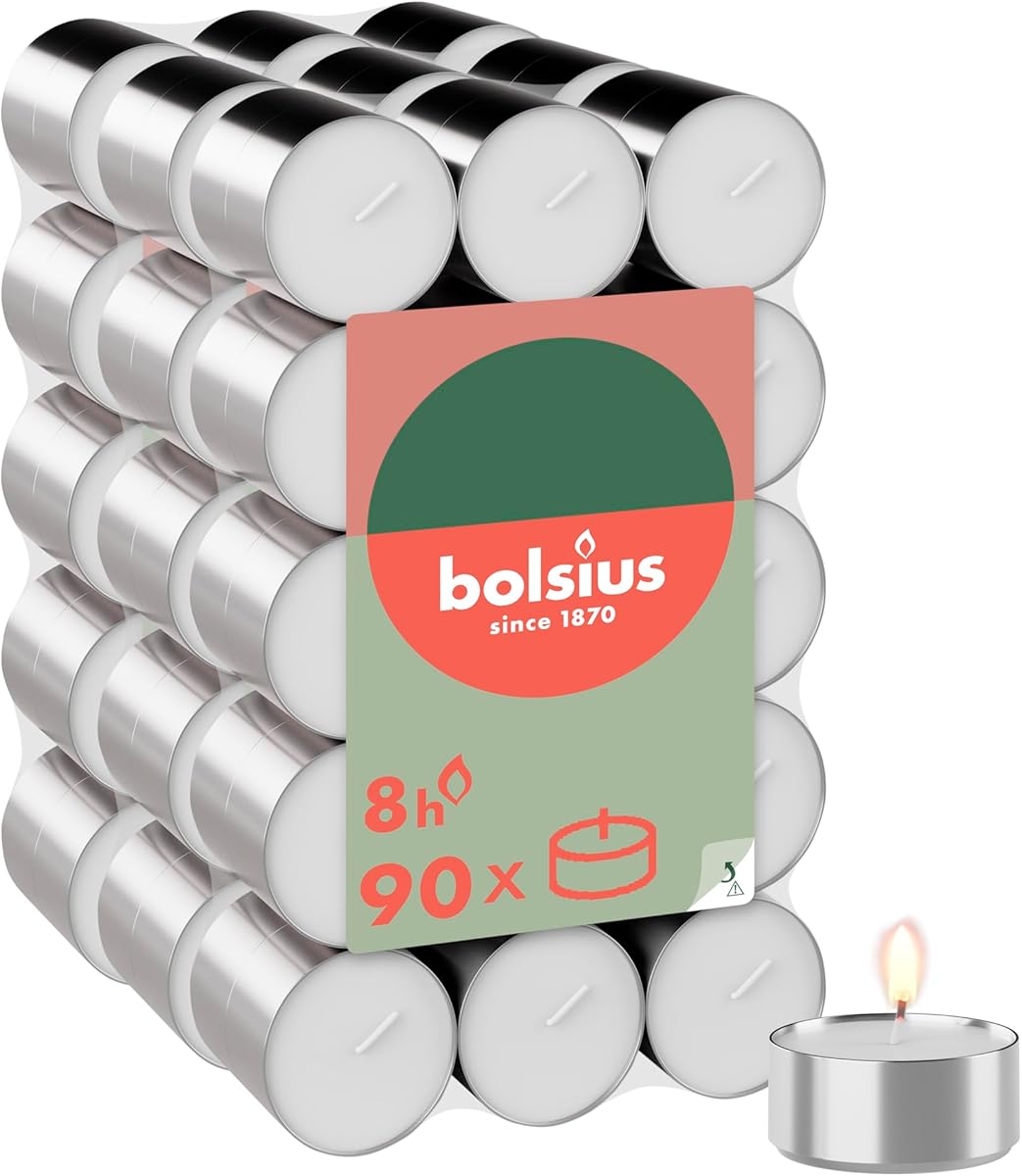 Bolsius - Lot de 90 bougies chauffe-plat - 8 heures de combustion - Blanc - Longueur de combustion - Bougies décoratives ménagères - Sans huile de palme - Combustion propre