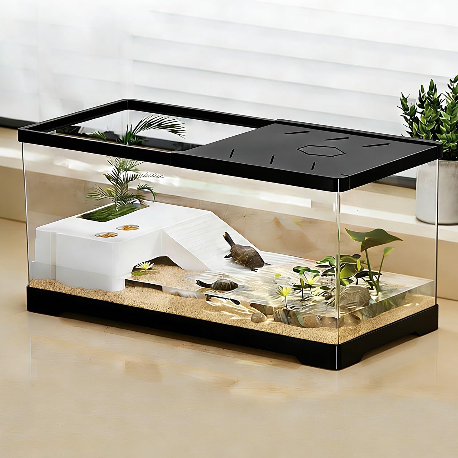 Turtle Fish Tank with Basking Platform and Bottom Drainage, 11.8" x 7" x 7.3" Aquatic Turtle Tank for Juvenile Turtle, Crayfish, Crabs, Amphibians, Reptiles Black color