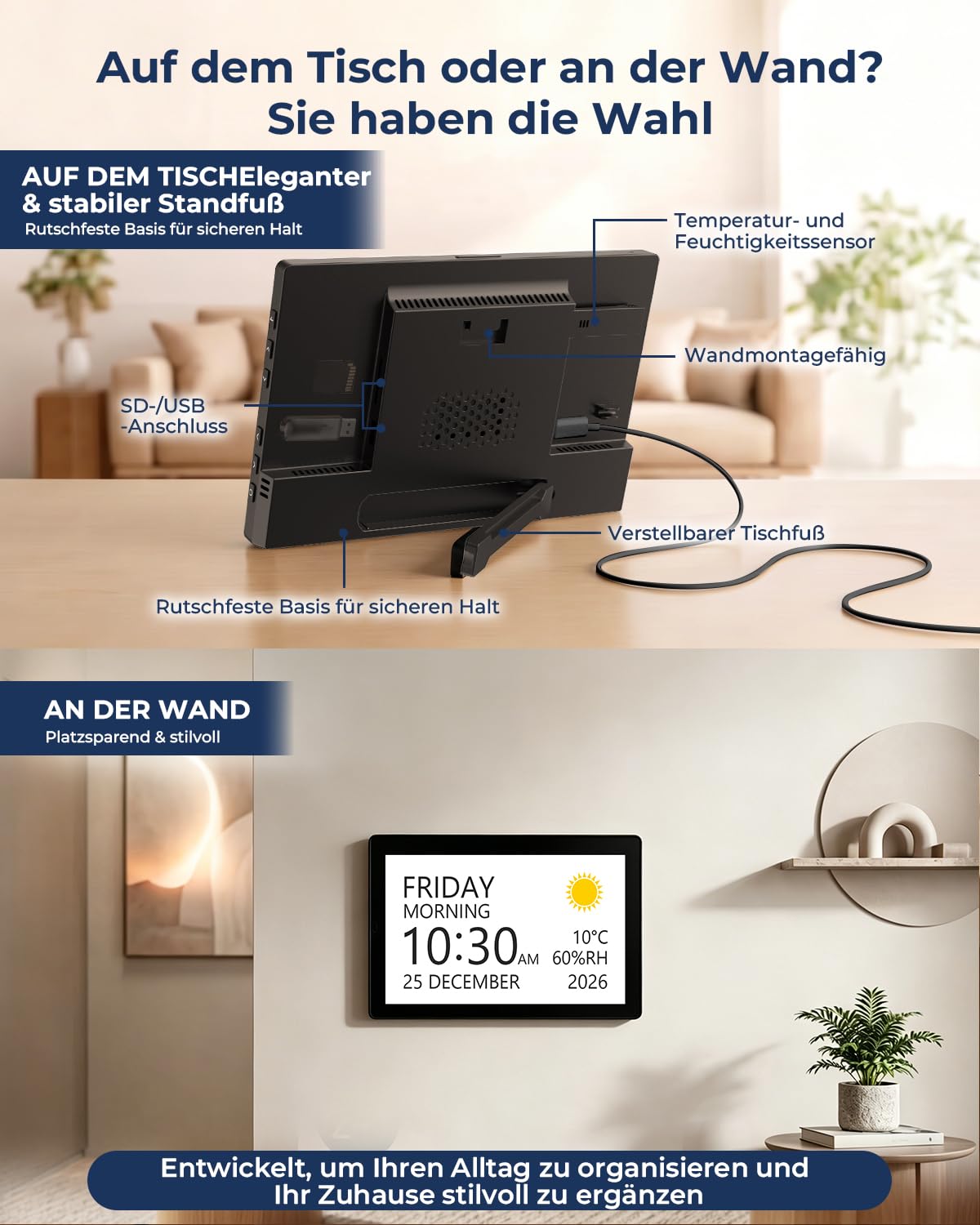 ROCAM 10,1" Demenz Uhr für Senioren, Digitaler Wecker mit Kalender | 20 Alarmen und Erinnerungen, Großes IPS Display, Datum, Wochentag, Temperatur, Luftfeuchtigkeit, Foto-Diashow über USB/SD