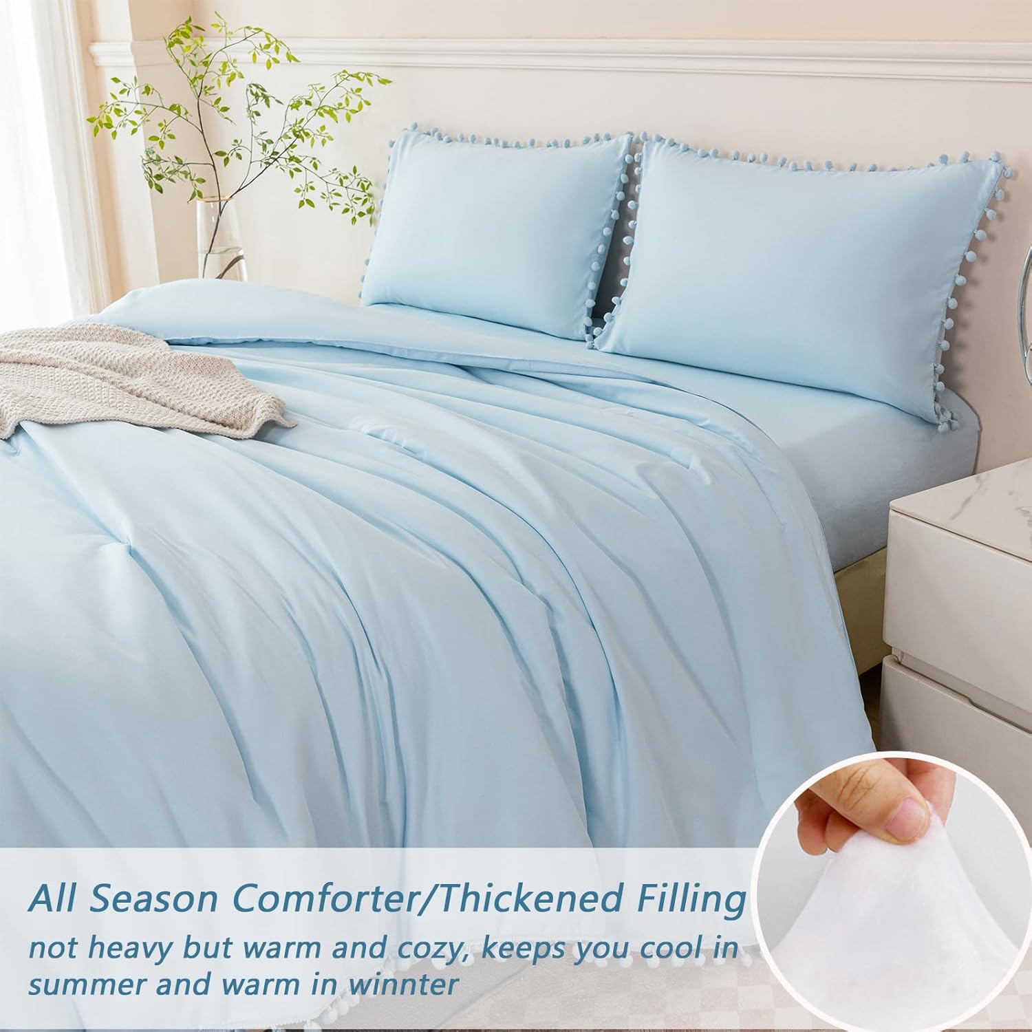 PERFEMET 3 Pieces Full Bed in A Bag Light Blue Pom Pom Bedding Set for Girls Boys Soft Fluffy Boho Solid Bedding Comforter Set with Sheets(Light Blue, Full)