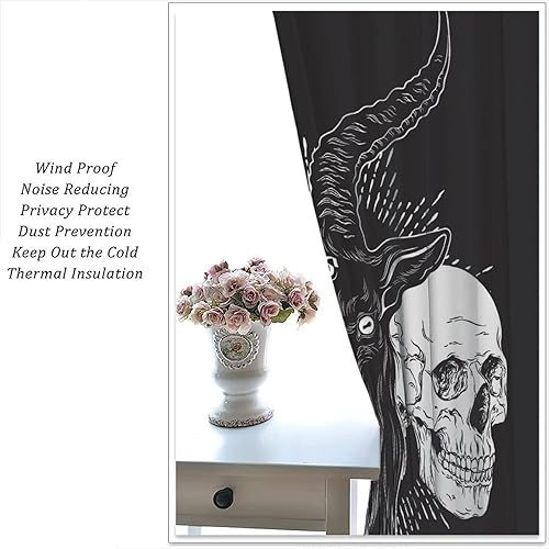 Vista 32 de Cortinas de cabeza de cabra, misteriosa cabeza de cabra malvada, calavera negra, bolsillo para barra, cortinas opacas para ventana, juego de 2