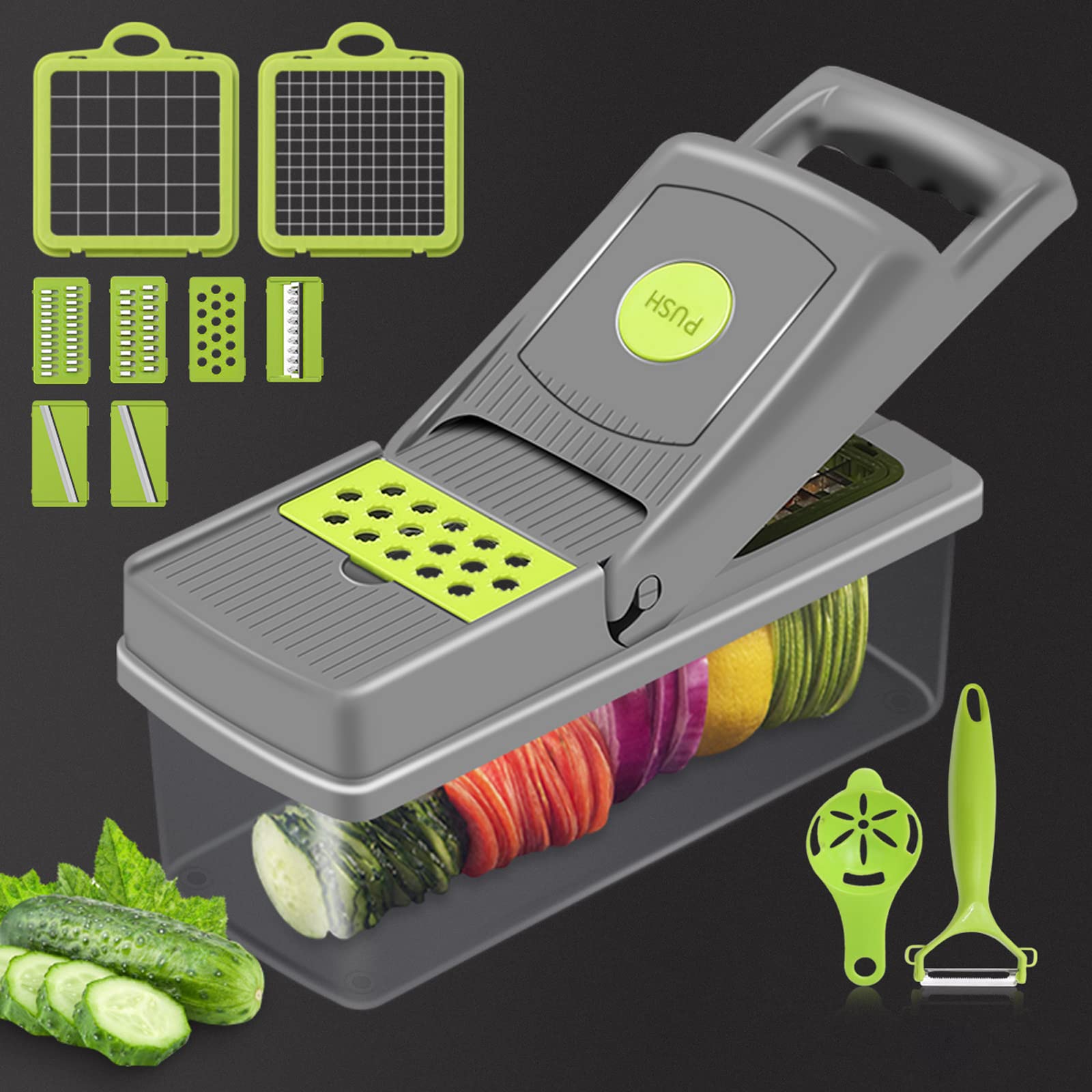 Affettatrice multifunzionale 14 in 1, tritaverdure super e professionale, affettatrice per uova, tritacarne per cipolle, set di gadget da cucina ottimo strumento per tagliare, tagliare e Julienne.