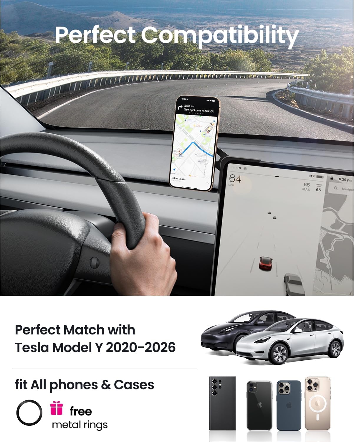REEVAA 2025 Tesla Model Y Juniper Phone Mount for MagSafe [Strongest N55 Magnet, 3M Adhesive], Adjustable Tesla Screen Holder, Compatible with Model Y 2020-2026, MagSafe Case, iPhone Series