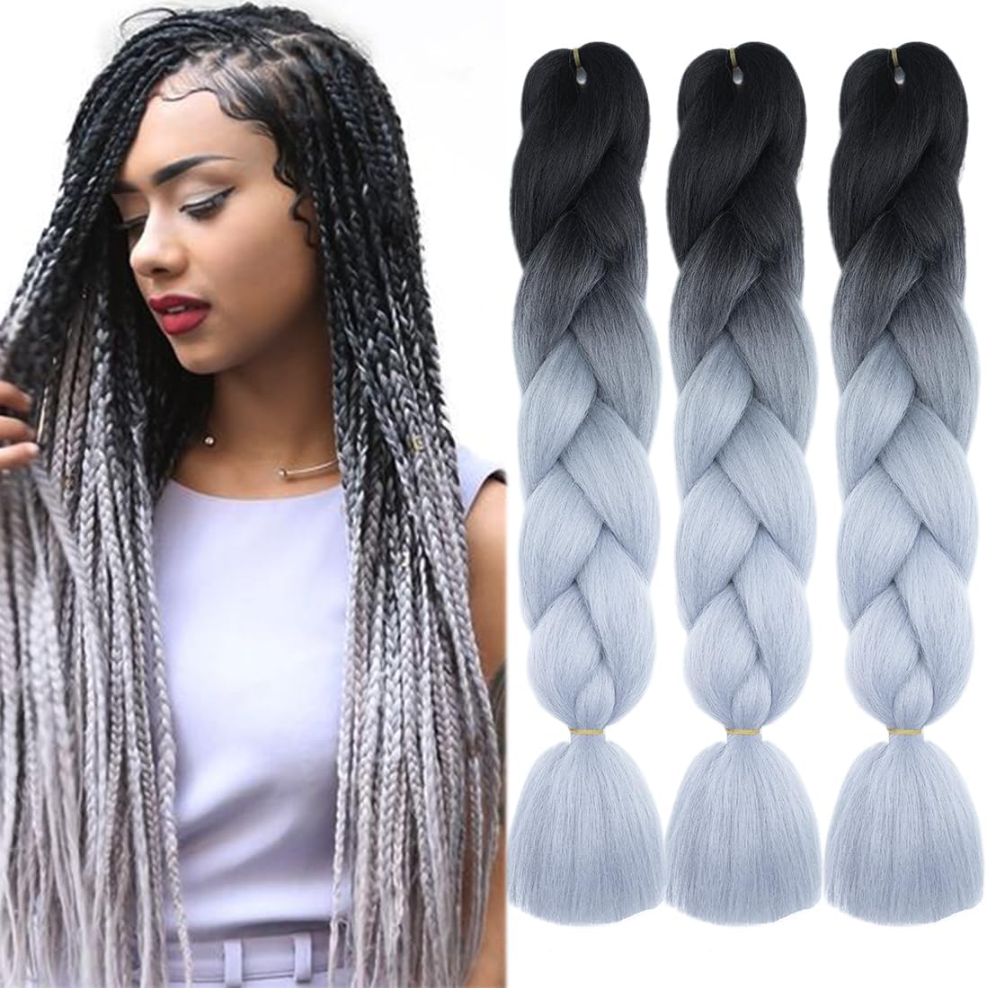 Jumbo Braiding Hair Extensions Colorful Synthetic Kanekalon Hair for DIY Crochet Box Braids Ombre 2Tone Black-Silver Gray 3Pcs 100g/Pcs 24Inches