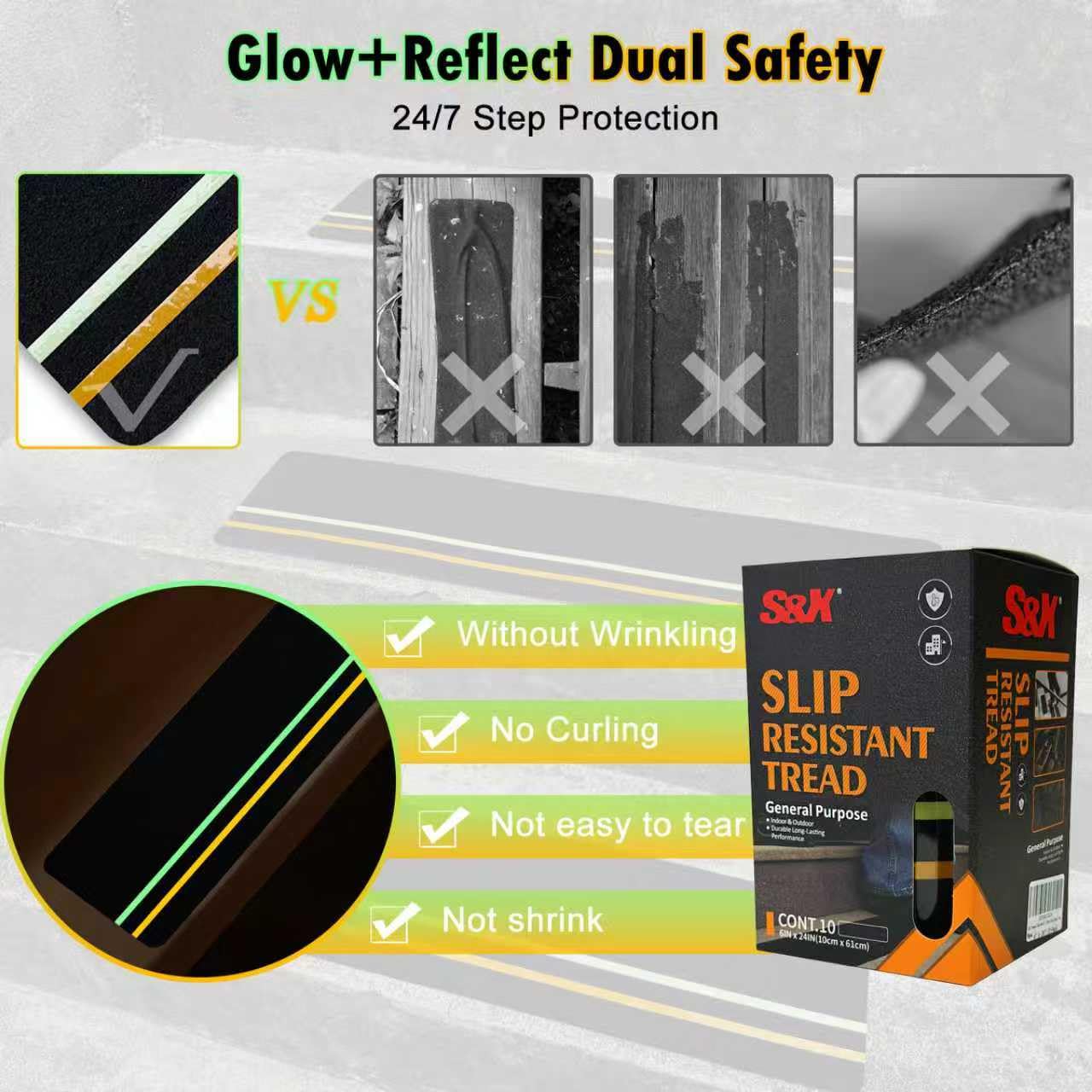 S&X 10-Pack Outdoor Stair Treads Non-Slip with Reflective & Glow-in-The-Dark Strips Pre-Cut 6" x 24" Heavy Duty Anti Slip Tape High Traction Waterproof – Perfect for Stairs, Ramps, Decks, Boats