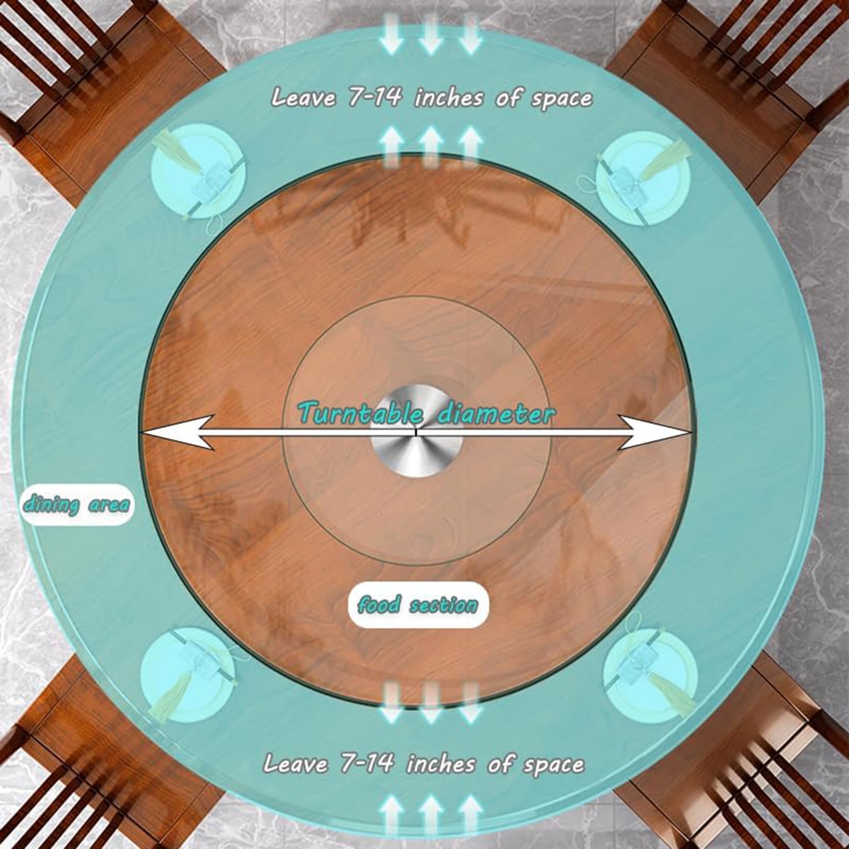 Lazy Susan Plateau tournant en verre trempé avec système d'aide pivotant pour table à manger, idéal pour les réunions de famille et la présentation des aliments