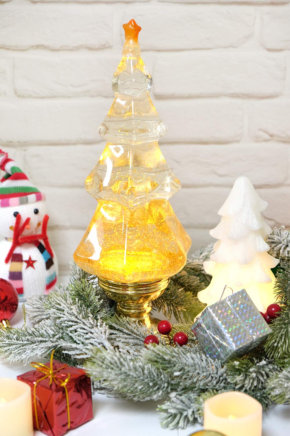 Eldnacele Boule à neige musicale lumineuse en acrylique transparent avec ligne USB et minuterie de 6 heures pour décoration de la maison, piédestal doré de 35,6 cm