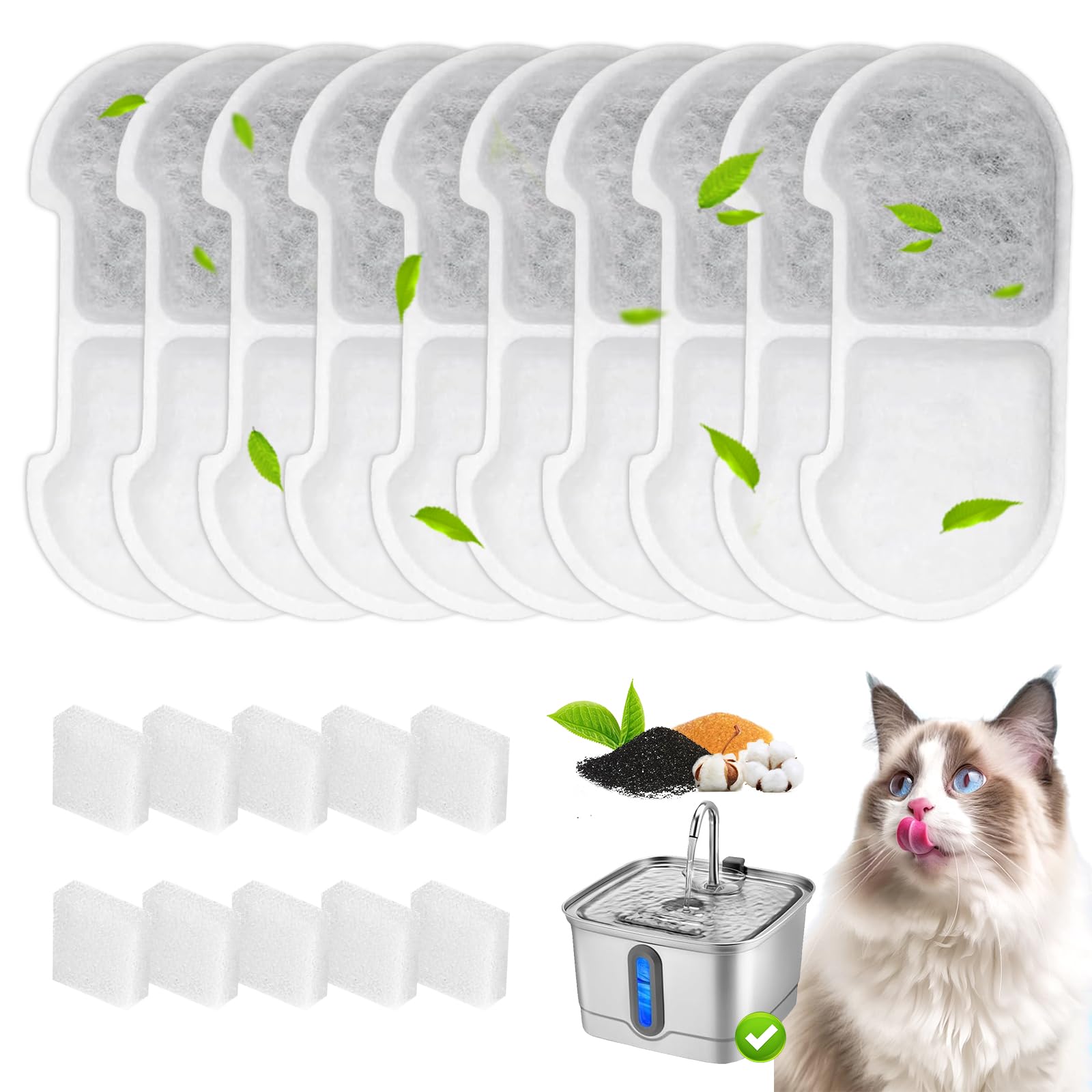 10+10 Pack Replacement Filters Compatible with SEIRMEP 101oz/3L Stainless Steel Cat Water Fountain, Includes 10 Filters & 10 Sponges