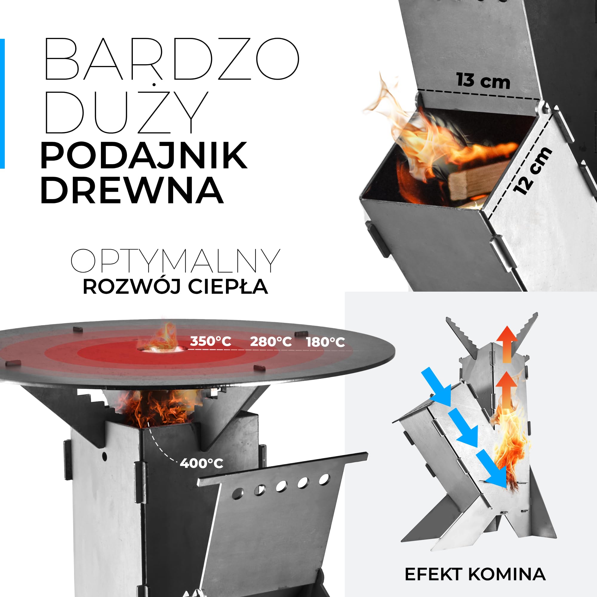 GRAFT Piecyk rakietowy wraz z płytą Rocket Stove wykonany z litej stali 3 mm | miska ogniowa | piec na pellet, drewno | kuchenka kempingowa | grill | kuchenka na drewno