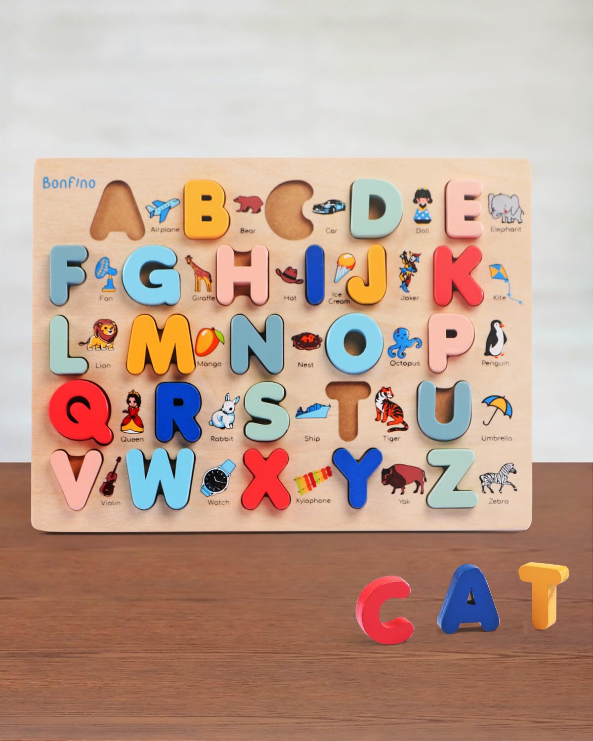 Bonfino Capital Alphabet Wooden Puzzle for Kids| Montessori Educational Pre-School Puzzle Toy | Alphabet Puzzle with Pictures for Children | Language Learning Puzzle for 2+Y Kids -26 Pcs (B0CZ13LPQF) Amazon Price History, Amazon Price Tracker