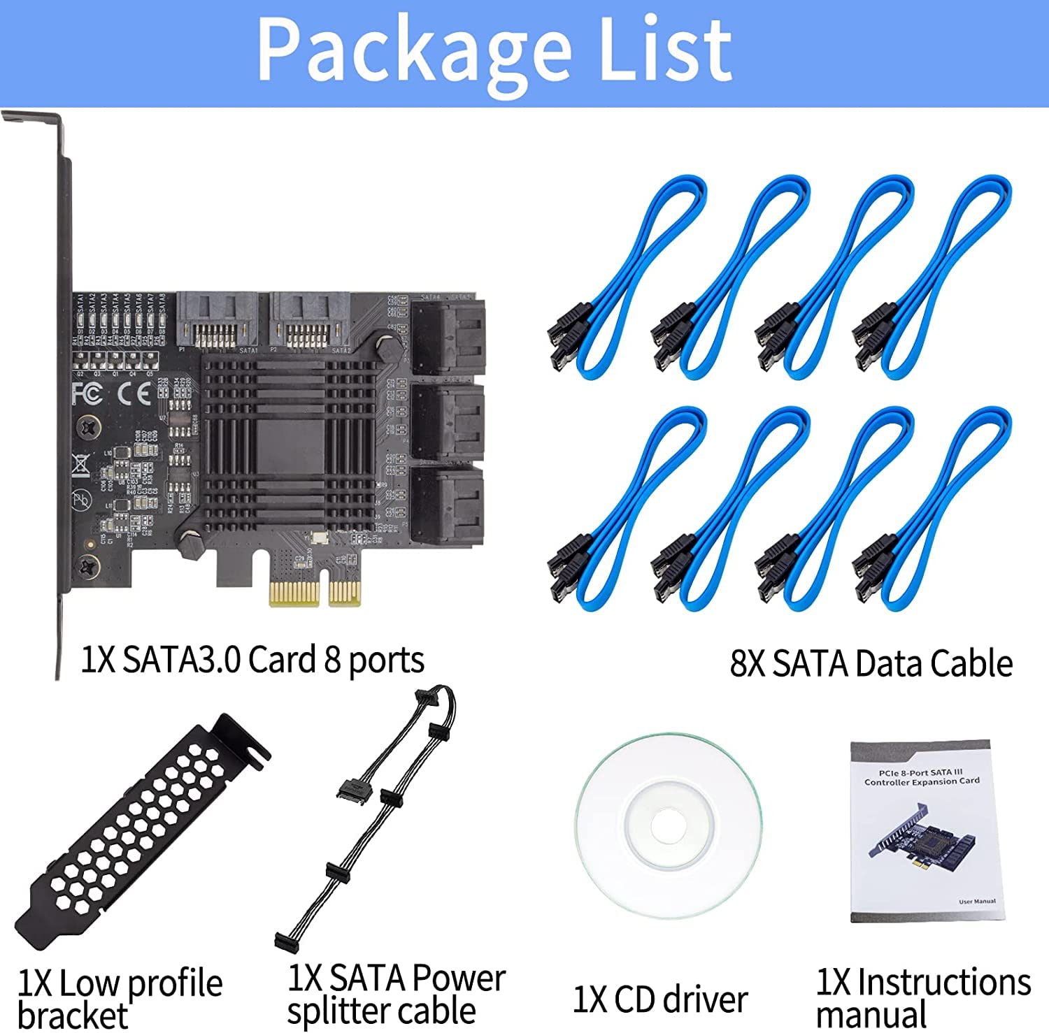 8-port SATA 3.0 PCIe Controller Card, 6 Gbps, 8 SATA Cables, Windows/Mac/Linux Compatible