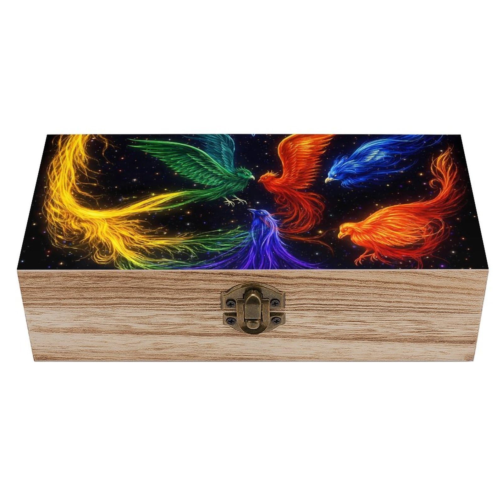 SMAZDFXX Colorful Fire Flame Birds Black Art Wooden Storage Box With Hinged Lid Decorative Front Clasp Keepsake Boxes