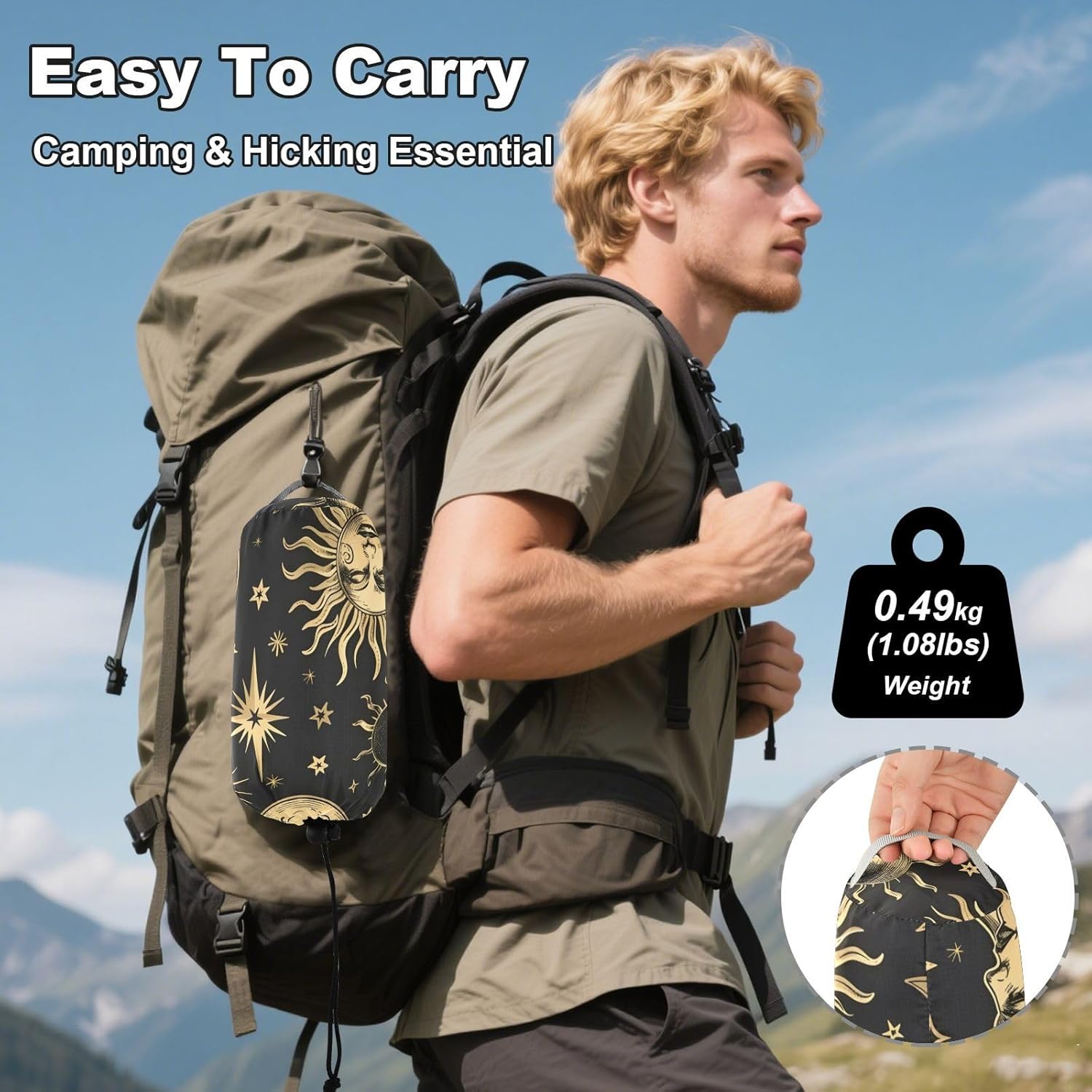 ALAZA Crescent Moon Sun Stars Camping Hammocks Single or 2 Person 500 lbs Portable Parachute Travel Hammock w/Tree Straps for Hiking Backpacking Indoor Outdoor