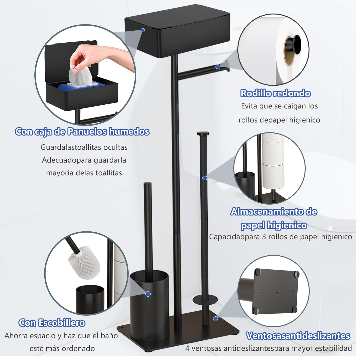 Portarrollos de Papel Higiénico de Pie, GUIGUZI Negro Acero Inoxidable Soporte para Papel Higiénico y Escobilla con Caja de toallitas húmedas, Escobilla y Portarrollos de Papel Higiénico