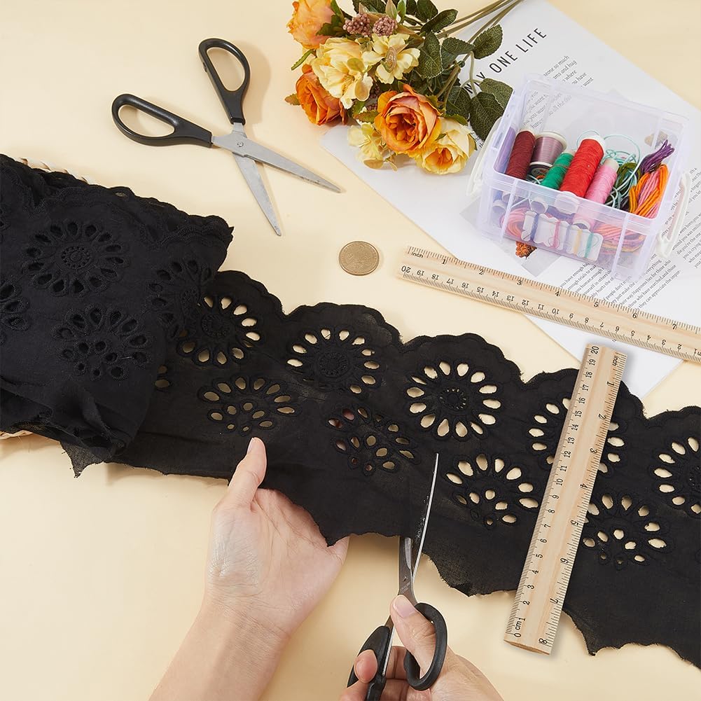 FINGERINSPIRE 5 Yards Cotton Eyelet Lace Trim 6-1/4 Inch Black Cotton Flower Lace Ribbon Floral Embroidery Trim Wavy Edge Sewing Ribbon for DIY Crafts Clothing Decoration Wedding Bridal Dresses