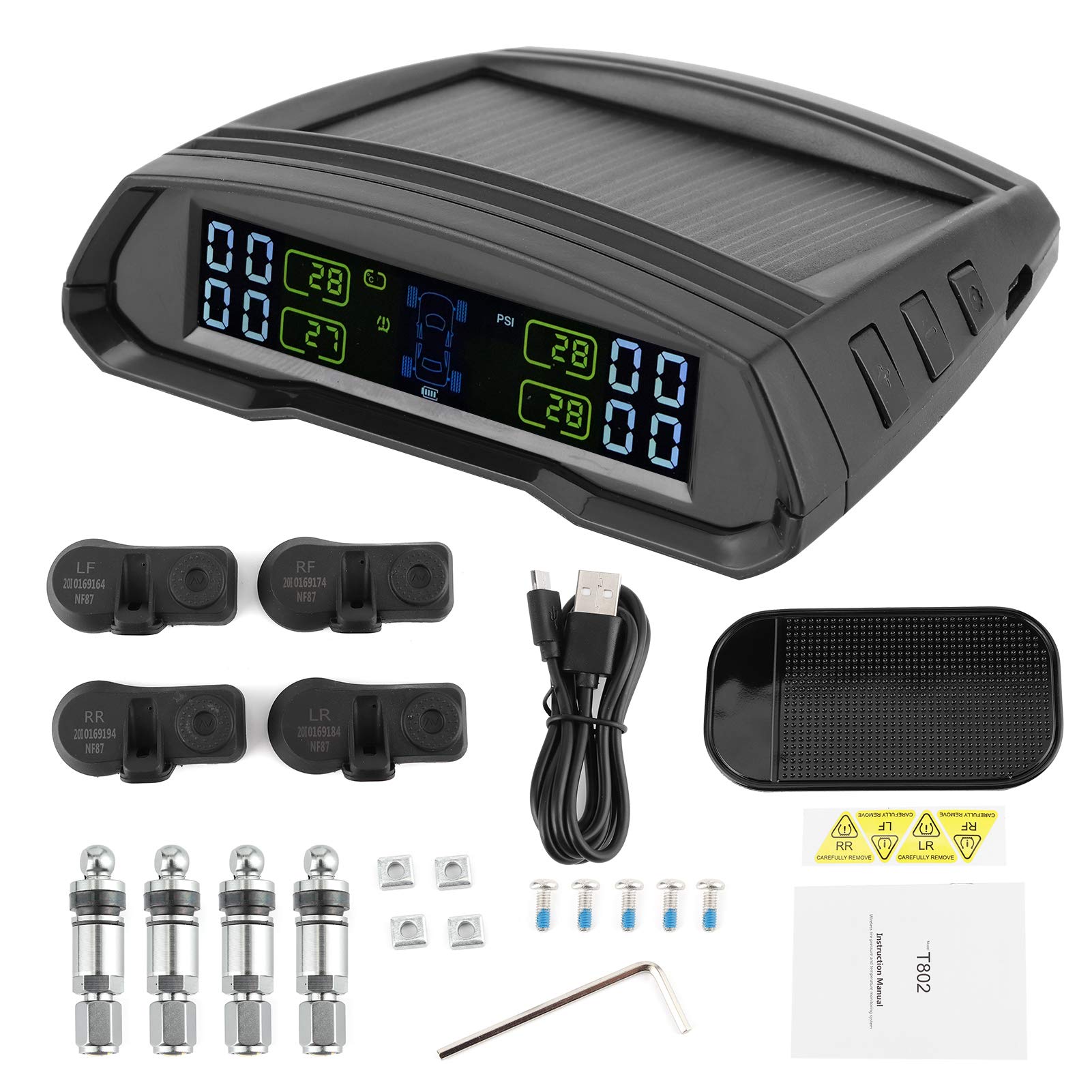 Sensor presion neumaticos+ inalámbrico de monitoreo de presión de Llantas TPMS Energía Solar o USB TPMS con 4 sensores para la presión y Temperatura del Remolque de Viaje de Autocaravana