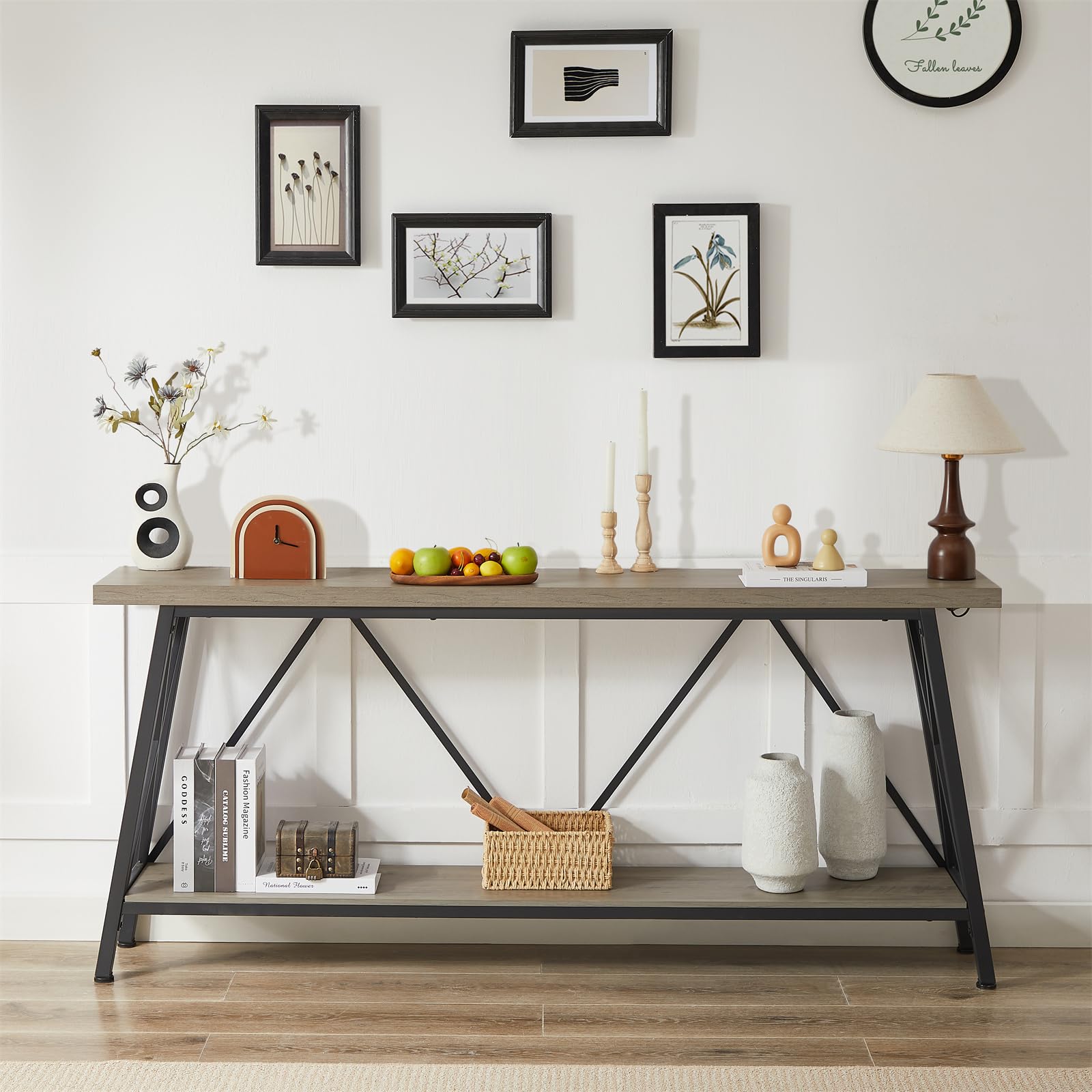 Henf Extra Long Console Table, 70.9 Inch Sofa Table with Storage Shelves, Industrial Entryway Table, Console Behind Sofa Table (Gray)