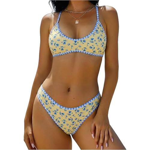 ZAFUL Women's Tie Back Padded High Cut Bralette Bikini Set Two Piece Swimsuit