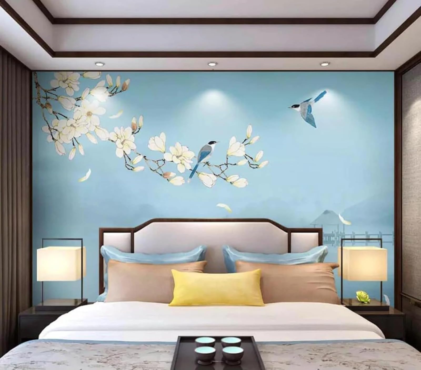 Papier peint 3D fleurs blanches et oiseaux pour salon et chambre - 150x105 cm