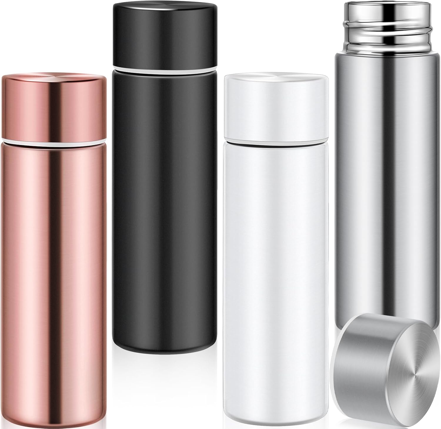 4 Pack Mini Water Bottle, 4.4 oz Insulated Stainless Steel Bottles, Small Leak Proof Slim Bottles, Portable Travel Bottle for Women Purse Lunch Bag Sports(Rose Gold, Black, White, Silver)