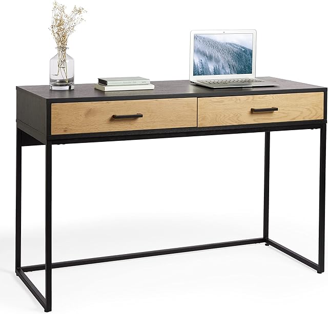 VonHaus Industrial Style Desk - Home Office Desk - Black & Oak Wood Effect Writing Study Desk w/ 2 Storage Drawers - Modern Simple Style Computer Workstation for Bedroom & WFH
