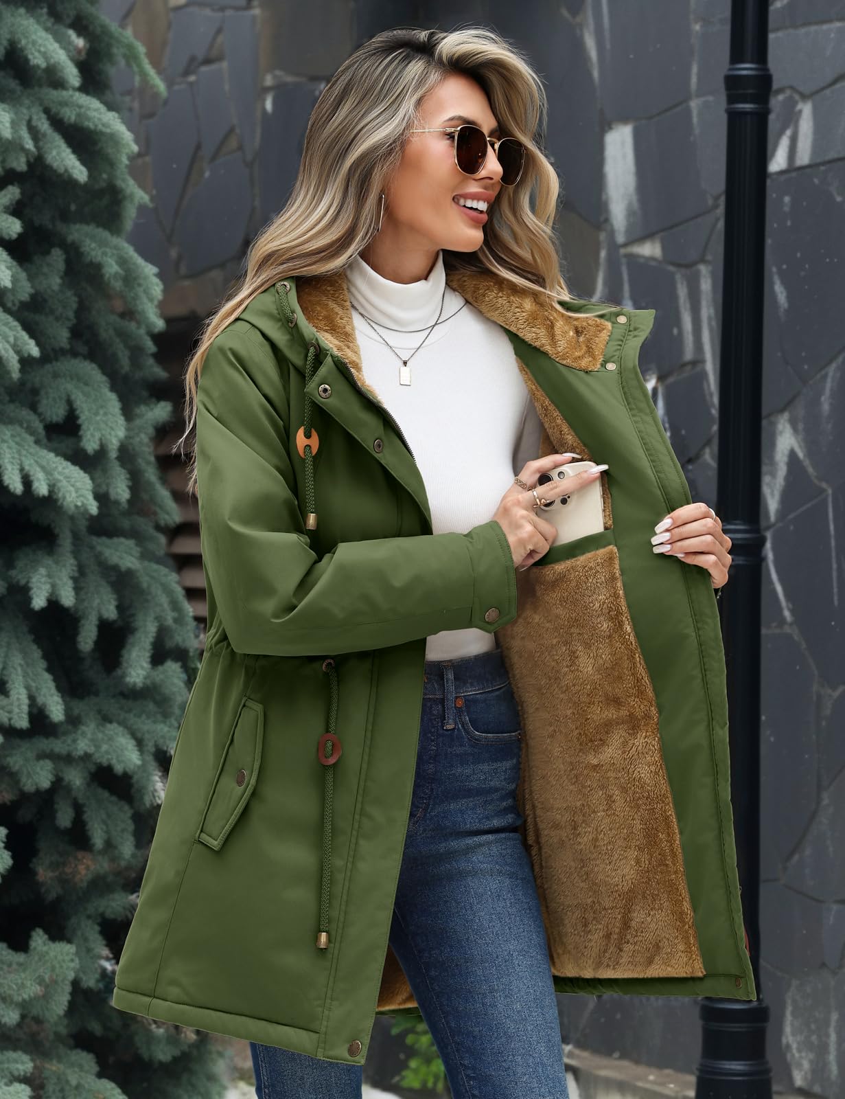 Vancavoo Abrigo Mujer Invierno Parka con Forro Polar Grueso | Parka con Capucha, Cintura Ajustable, Puños de Canalé, Bolsillos Oblicuos, Cremallera y Botones a Presión