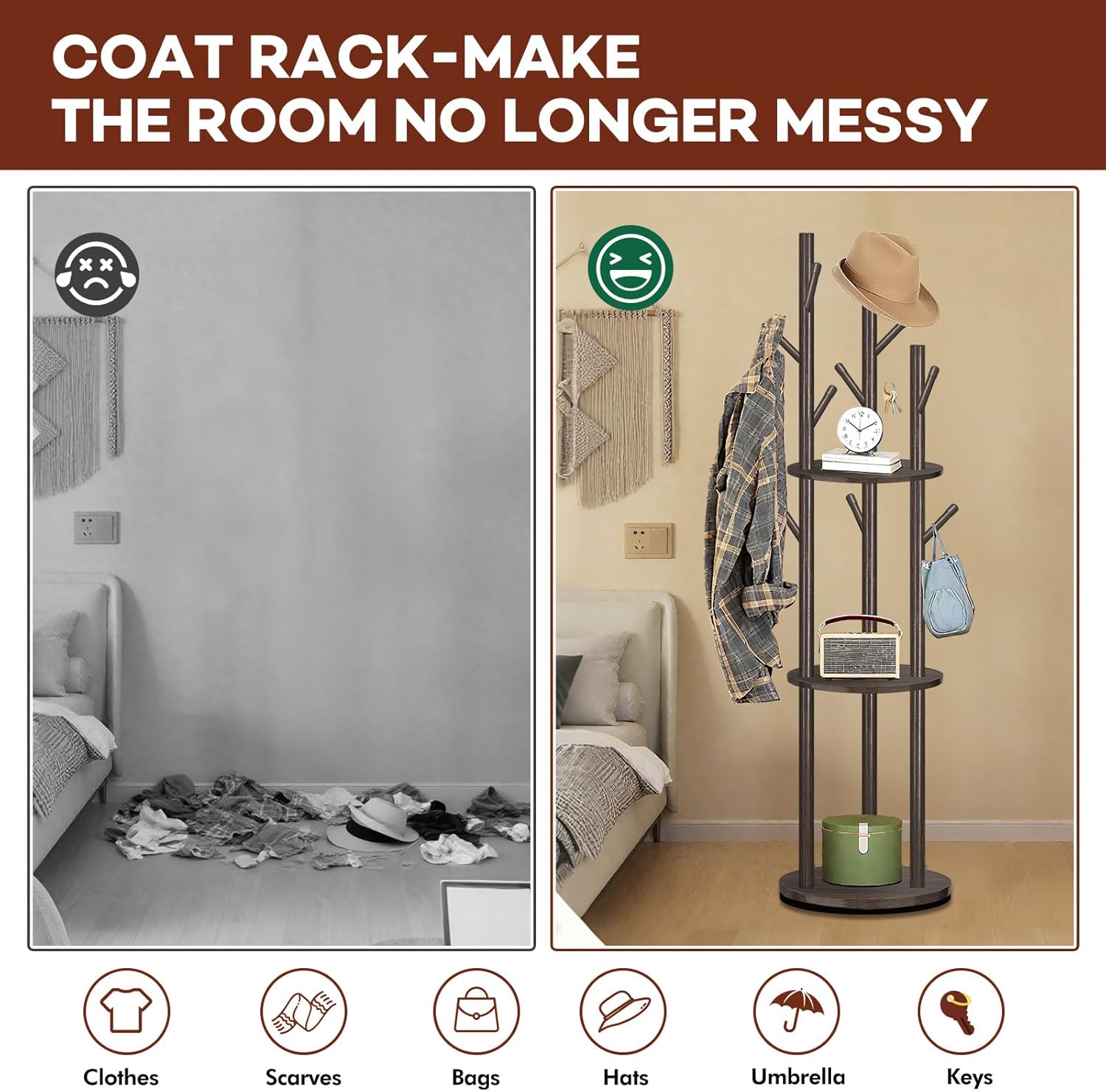 Freestanding Coat Rack, Solid Pine Wood Rotary Coat Tree with 3 Shelves and 9 Hanging Handles, Coat Hanger Stand for Bedroom, Entryway, Livingroom(Walnut Color)