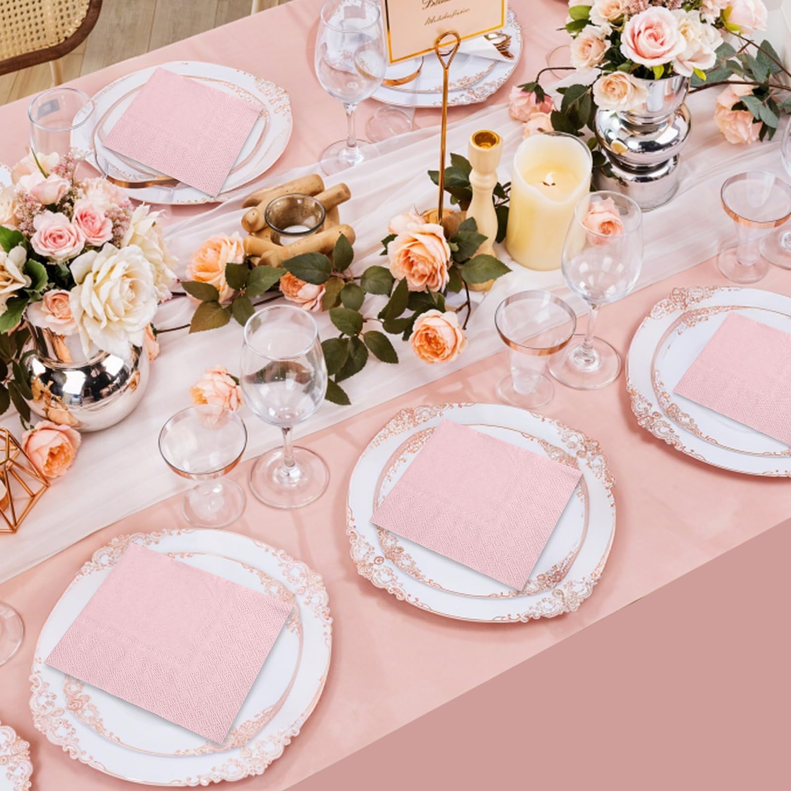 60 szt. różowych serwetek 15 cm, 2-warstwowe jasnoróżowe serwetki koktajlowe papierowe serwetki | Jednorazowe serwetki imprezowe na urodziny ślub dziewczyna baby shower wieczór panieński