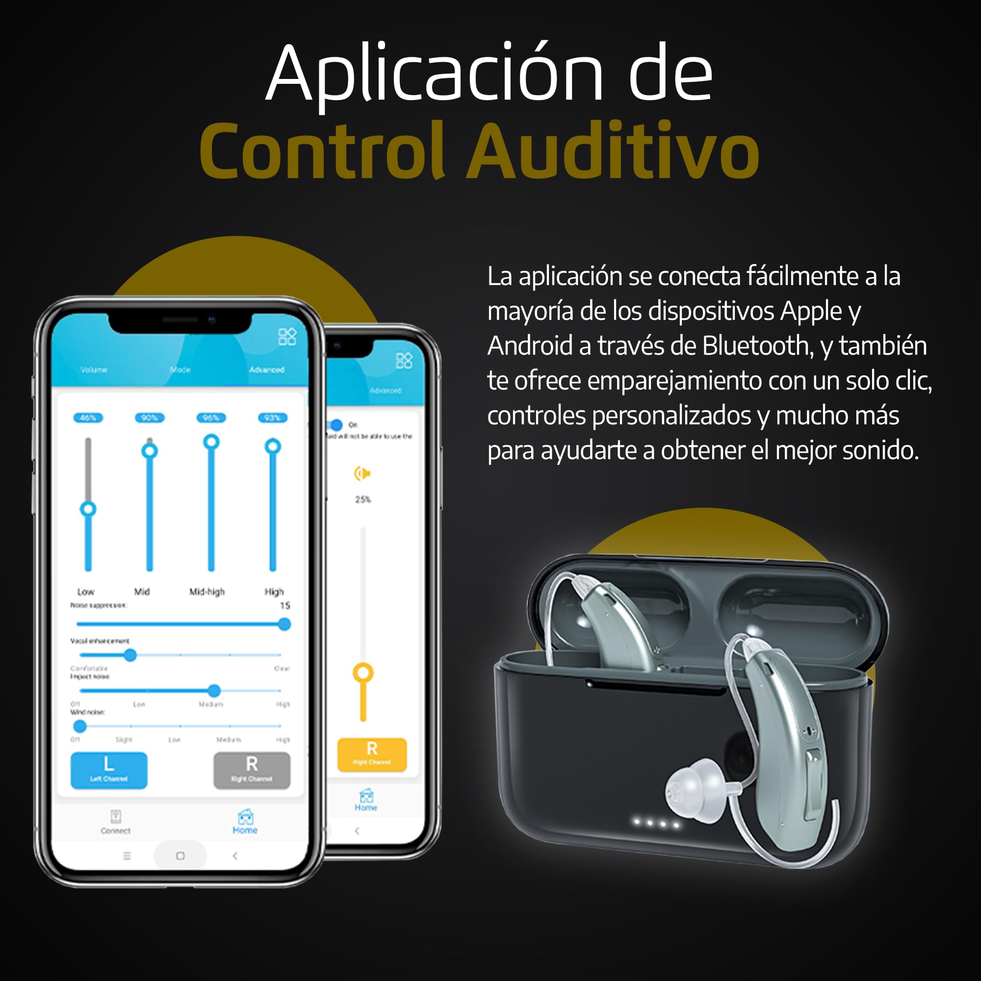 Amplificador Auditivo Recargable - Amplificador de Sonido para Mayores Inalámbrico con Bluetooth para Llamadas y Música y APP Móvil, 16 Canales de Nueva Generación, Invisible, Manual y APP en Español