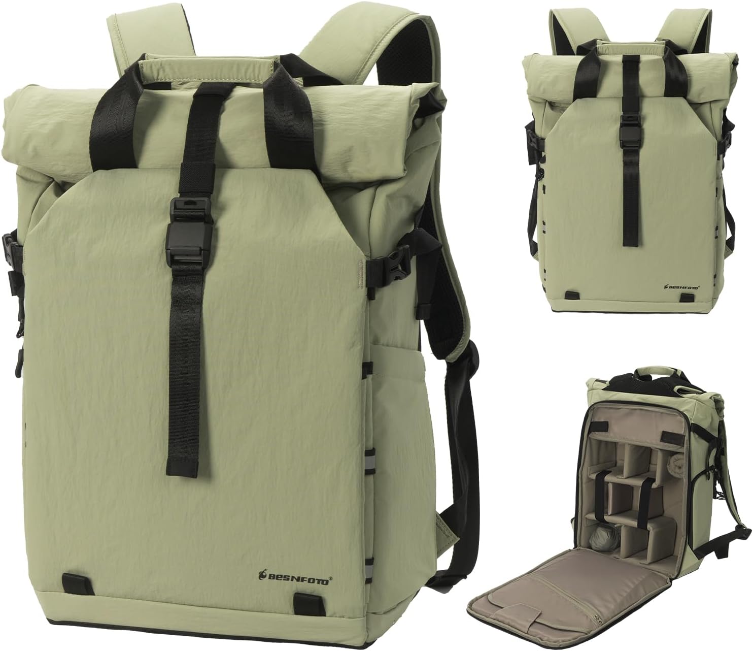 Besnfoto Camera Backpacks,Expandable Roll Top Waterproof Camera Bag, Photography Case for DSLR/SLR/Mirrorless/Drones Fit up to 16'' Laptop with Tripod Holder