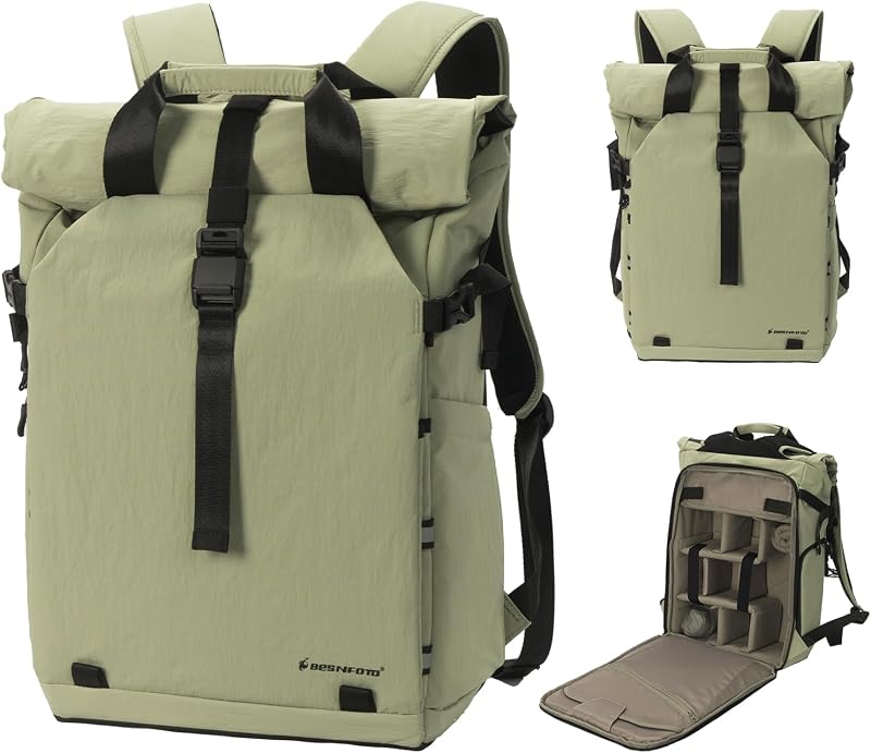 Mochila para cámara, bolsa de fotografía impermeable con tapa enrollable expandible con divisores modulares, estuche para cámara profesional para drones DSLR SLR sin espejo, se adapta a portátiles de hasta 15,6 pulgadas