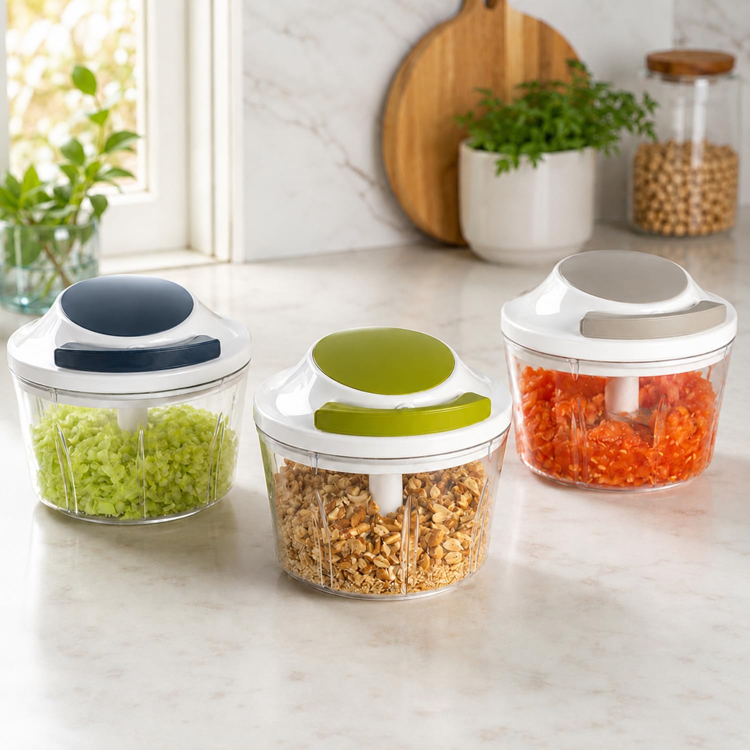 Paslanmaz 3 Bıçaklı İpli Rondo, Sebze Meyve Kuruyemiş İçin Taşınabilir Manuel Çekmeli Doğrayıcı, Hızlı Pratik ve Ergonomik, Plastik, 700 ml (Koyu Antrasit)